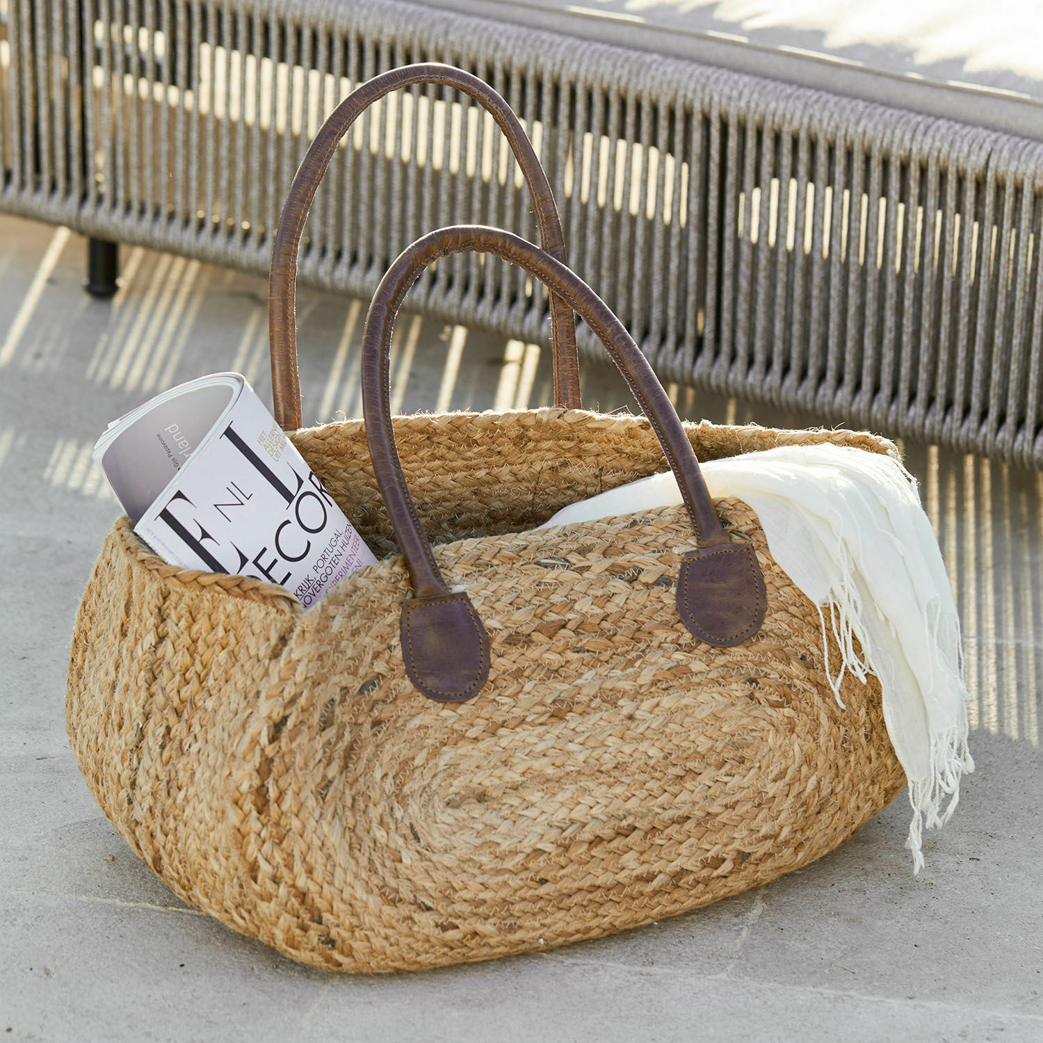 Cabas Gravesend Sac en jute tressée avec poignées en cuir marron, couleur naturelle, sac de courses élégant