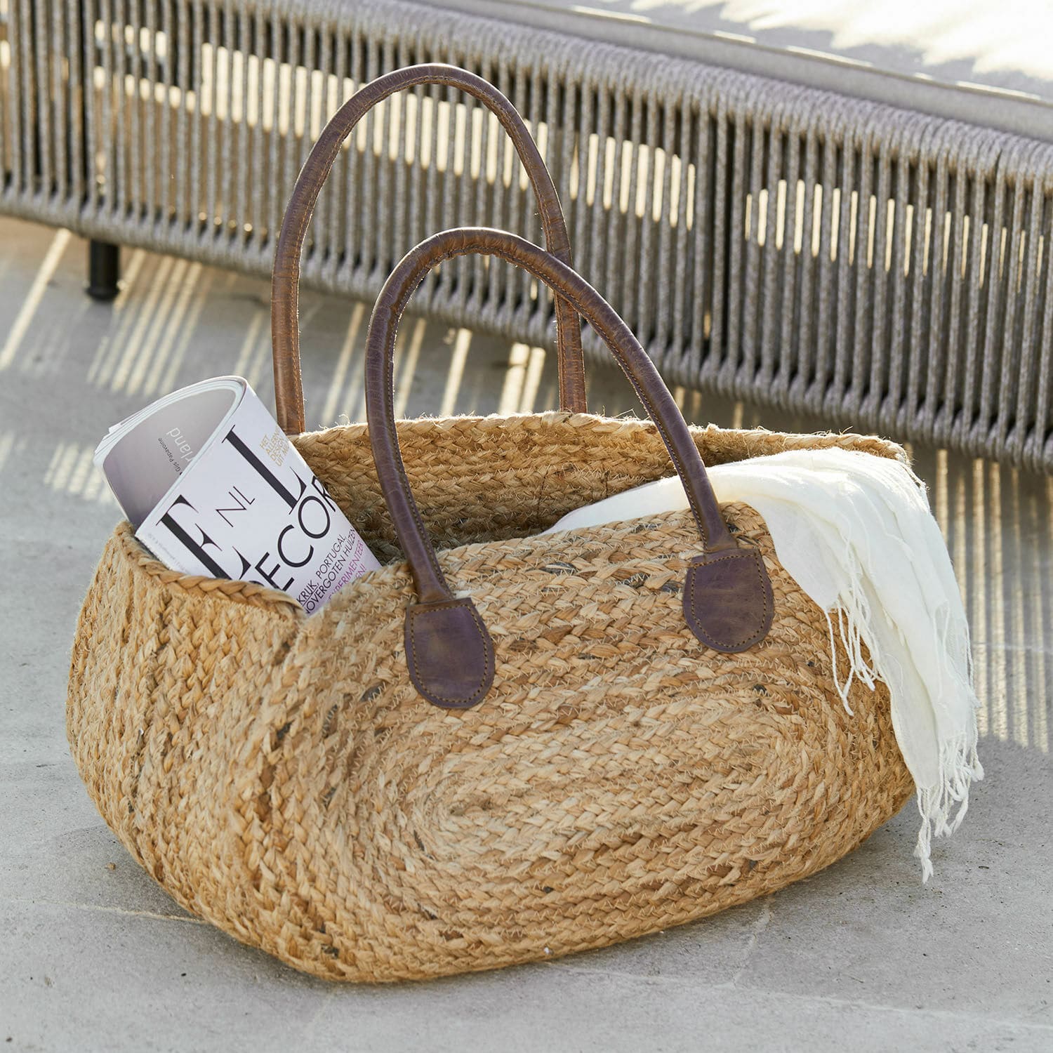 Cabas Gravesend Sac en jute tressée avec poignées en cuir marron, couleur naturelle, sac de courses élégant