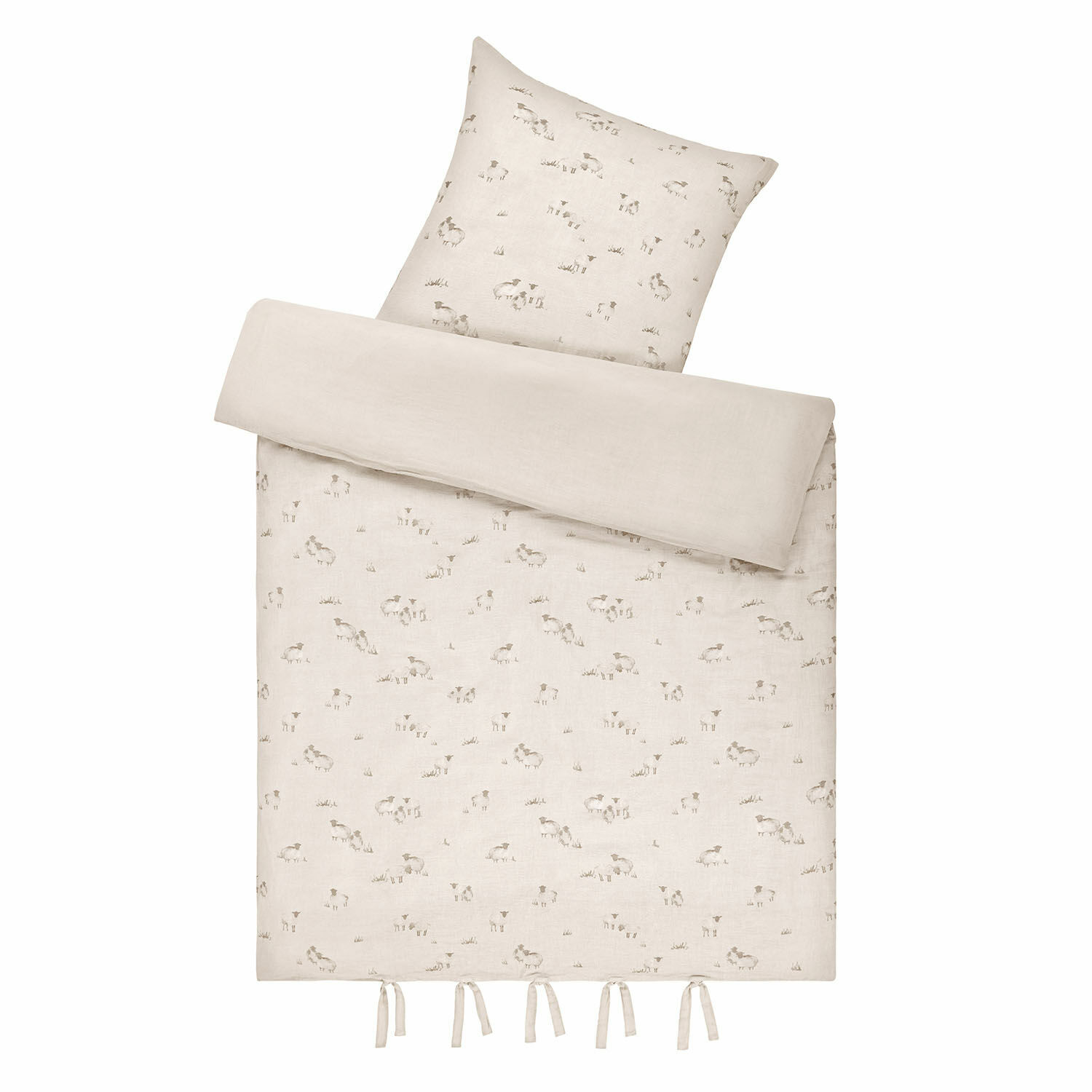 Parure de lit Erianna Parure de lit en lin beige clair avec motif discret de moutons et liens noués en bas, tissu naturel