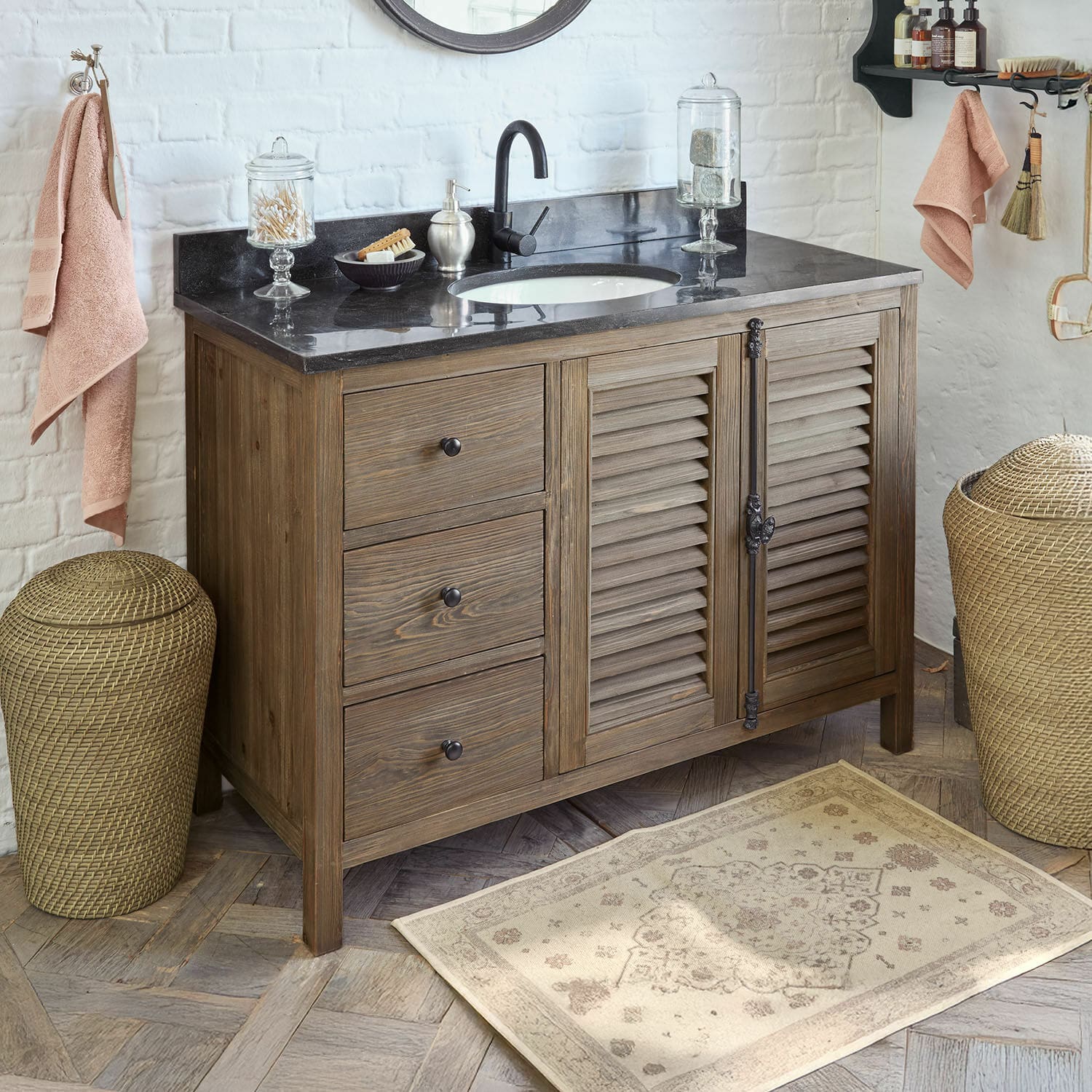 Meuble avec vasque Ferocelle Meuble de salle de bain en bois avec plan en marbre noir et lavabo, style rustique