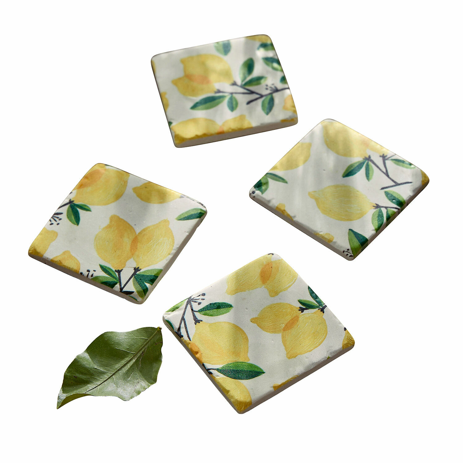 Lot de 4 dessous de verres Darfield Sous-verres en céramique avec motif citron jaune et feuilles vertes sur fond blanc, lot de 4