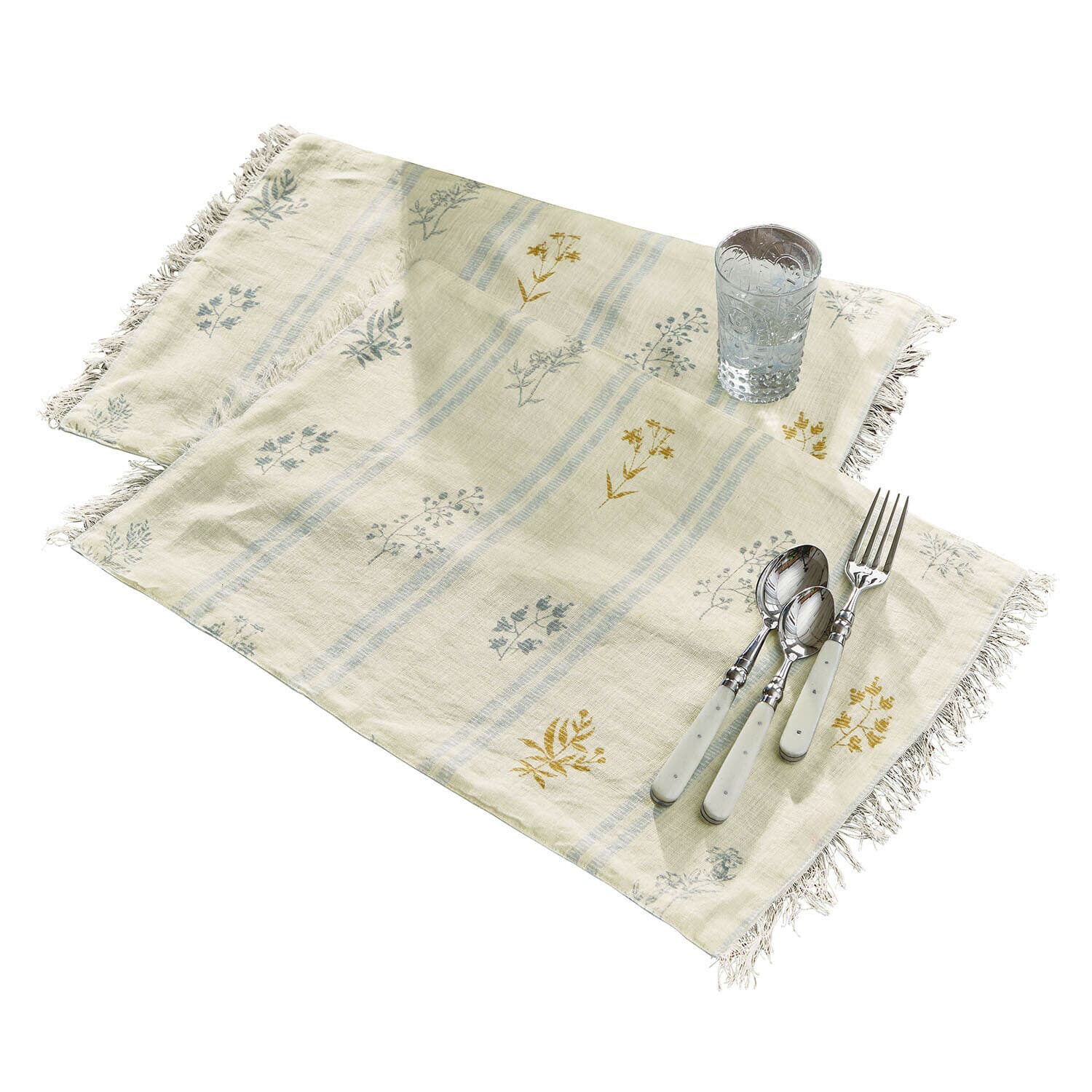 Lot de 2 sets de table Hazelwick Nappes en lin beige avec motif floral et franges, décoration de table avec couverts et verre