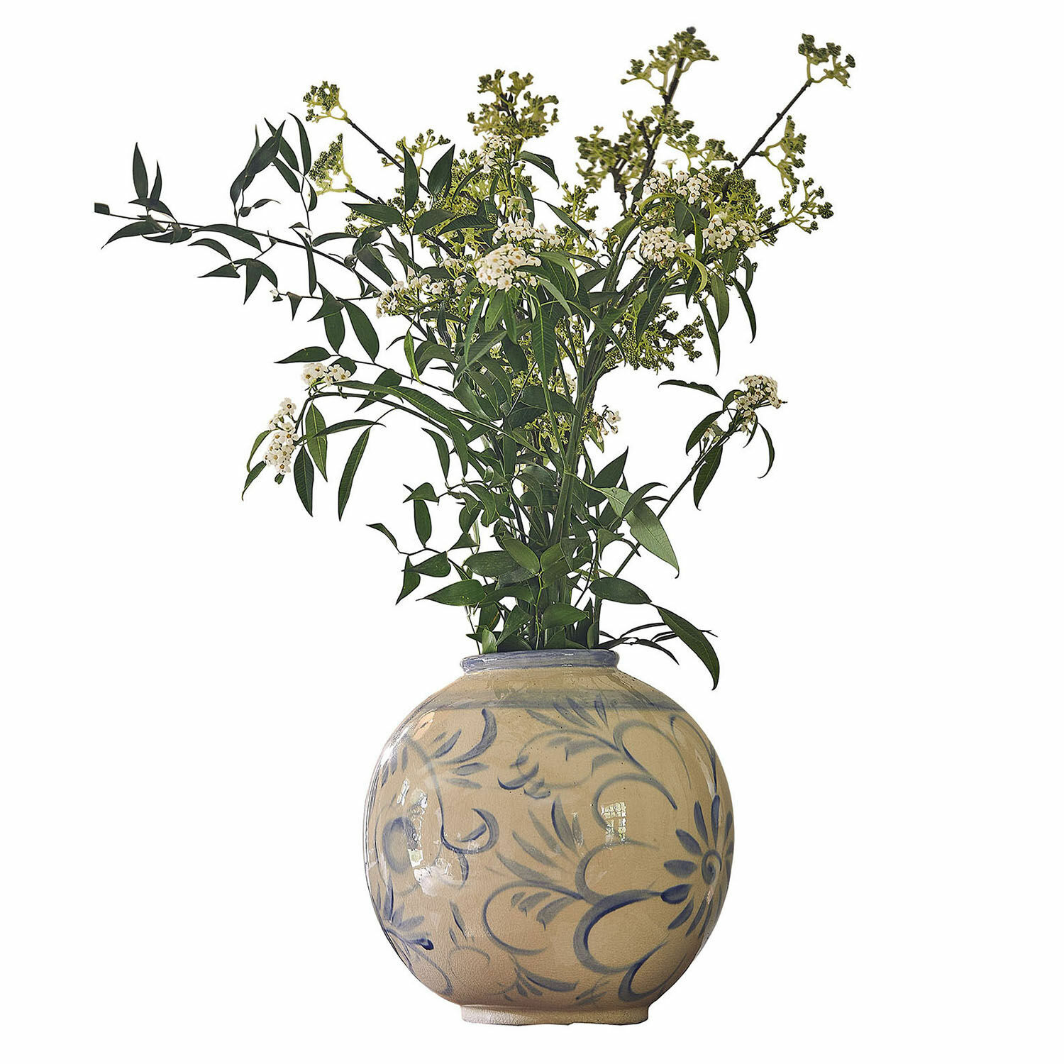 Vase Oviren Vase rond en céramique beige avec motif floral bleu et branches vertes décoratives