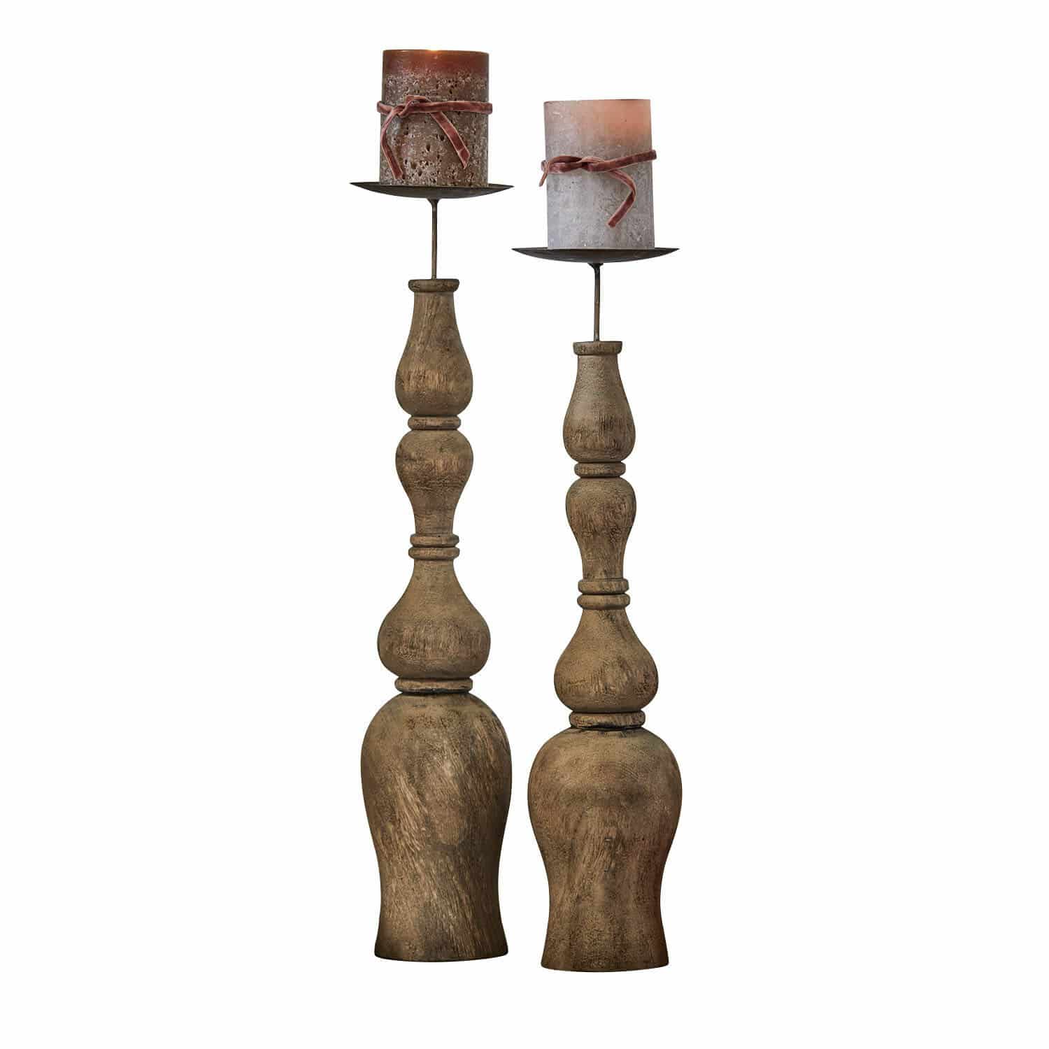 Lot de 2 bougeoirs Fleuries-sur-Marne Bougeoirs en bois avec deux bougies rustiques marron pour décoration intérieure chaleureuse