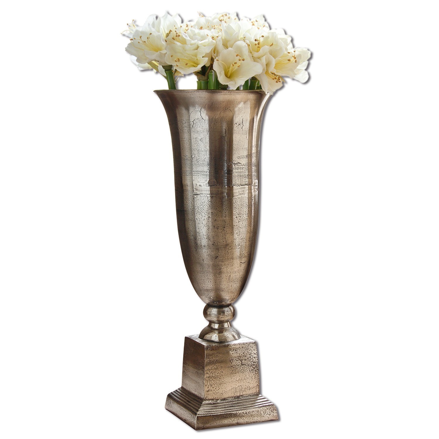 Vase Belfort Grand vase en métal argenté avec fleurs blanches pour décoration intérieure élégante
