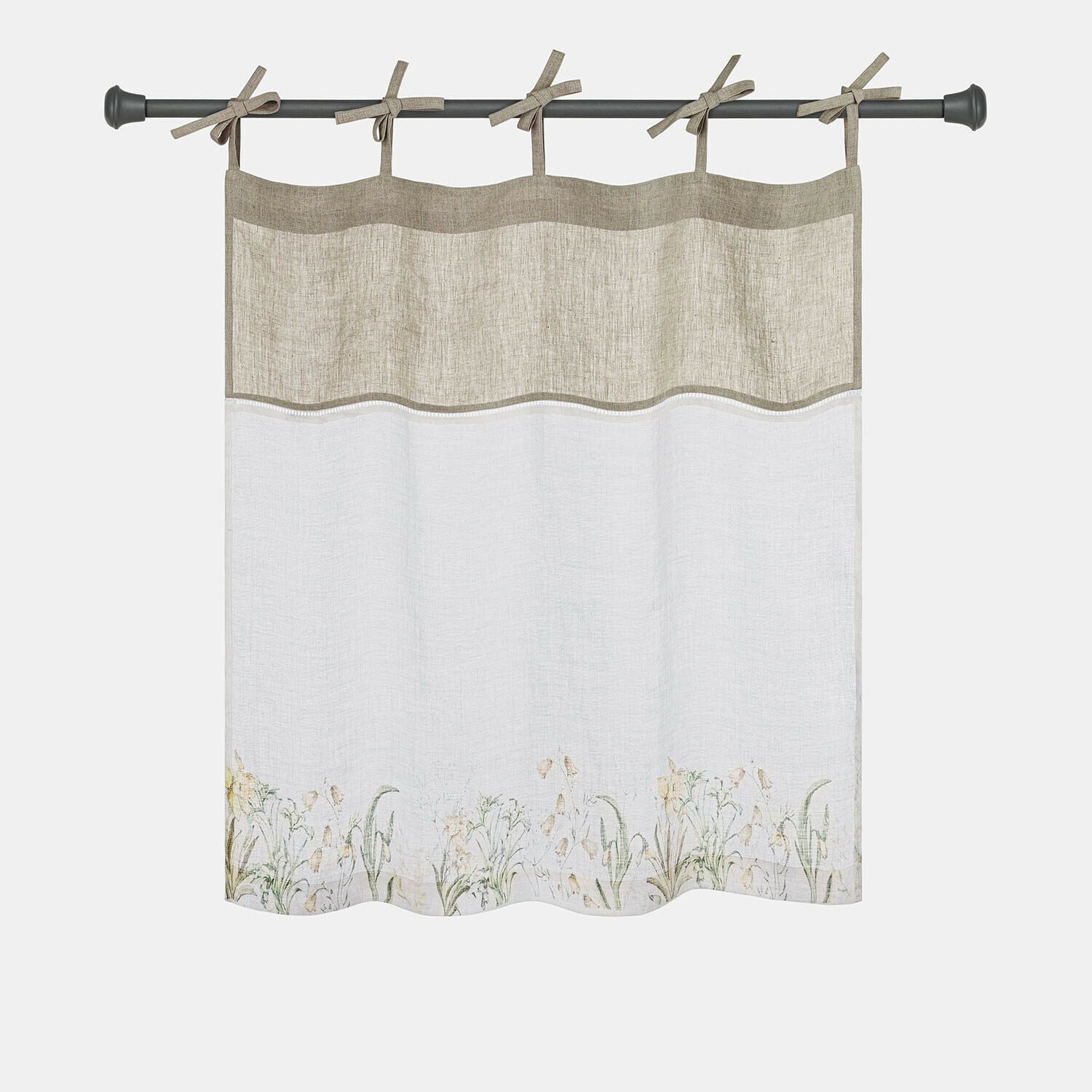 Brise-bise Lozere Rideau en lin beige avec motif floral et liens noués pour fixation sur tringle à rideau