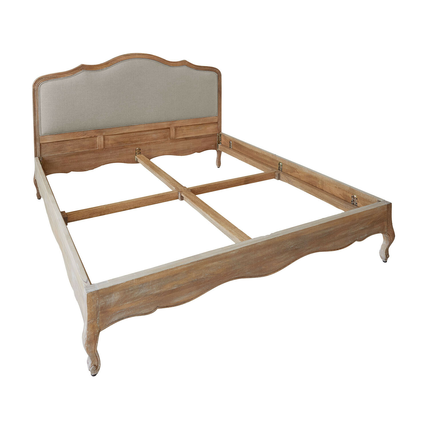 marron/lin Lit Serravalle en bois brun avec tête de lit en lin beige, cadre élégant au style classique