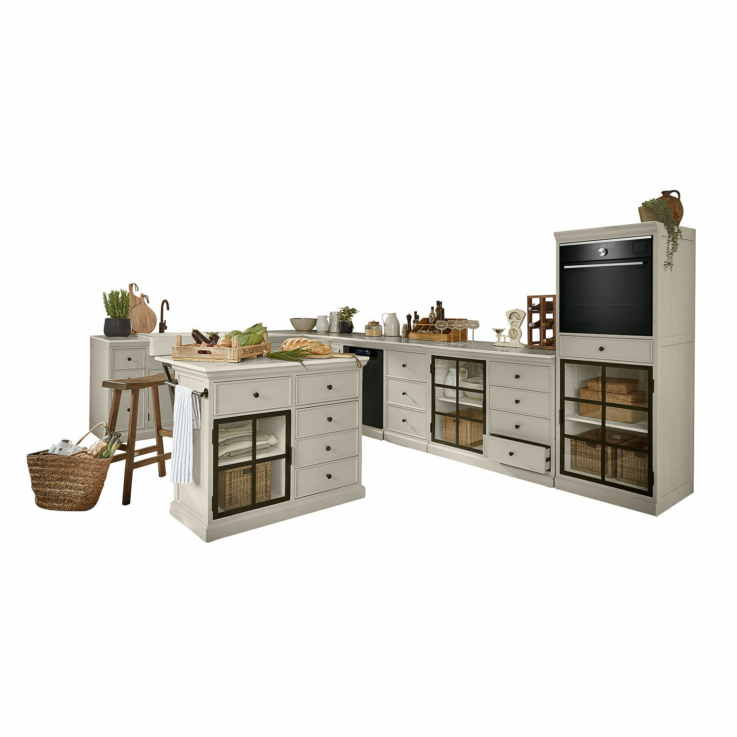 5 éléments de cuisine Orlévine Cuisine d'angle avec armoires en bois gris et portes vitrées noires, équipée d'un four et d'un îlot central