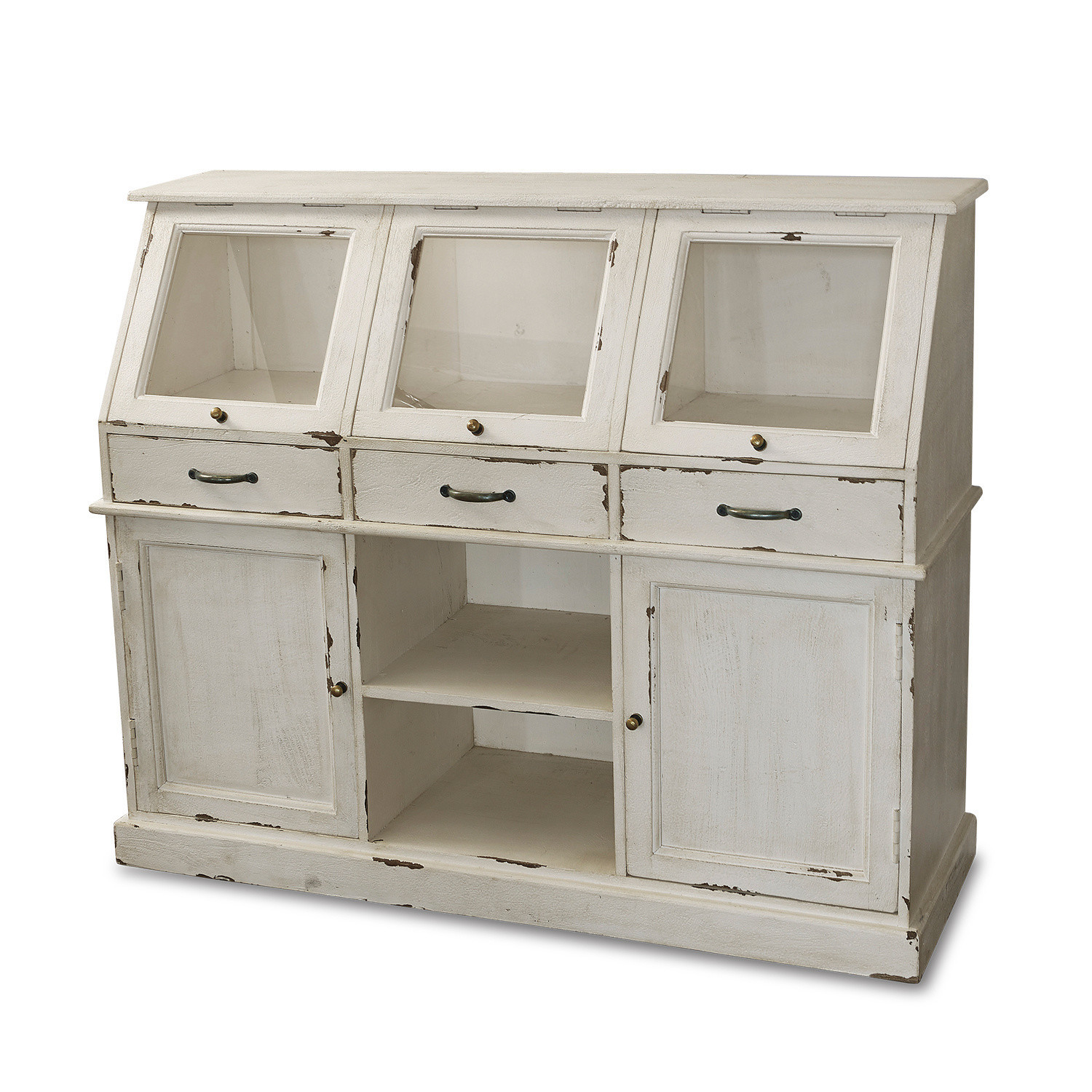 Commode Bolquère Buffet en bois blanc avec portes vitrées et tiroirs style vintage pour rangement pratique