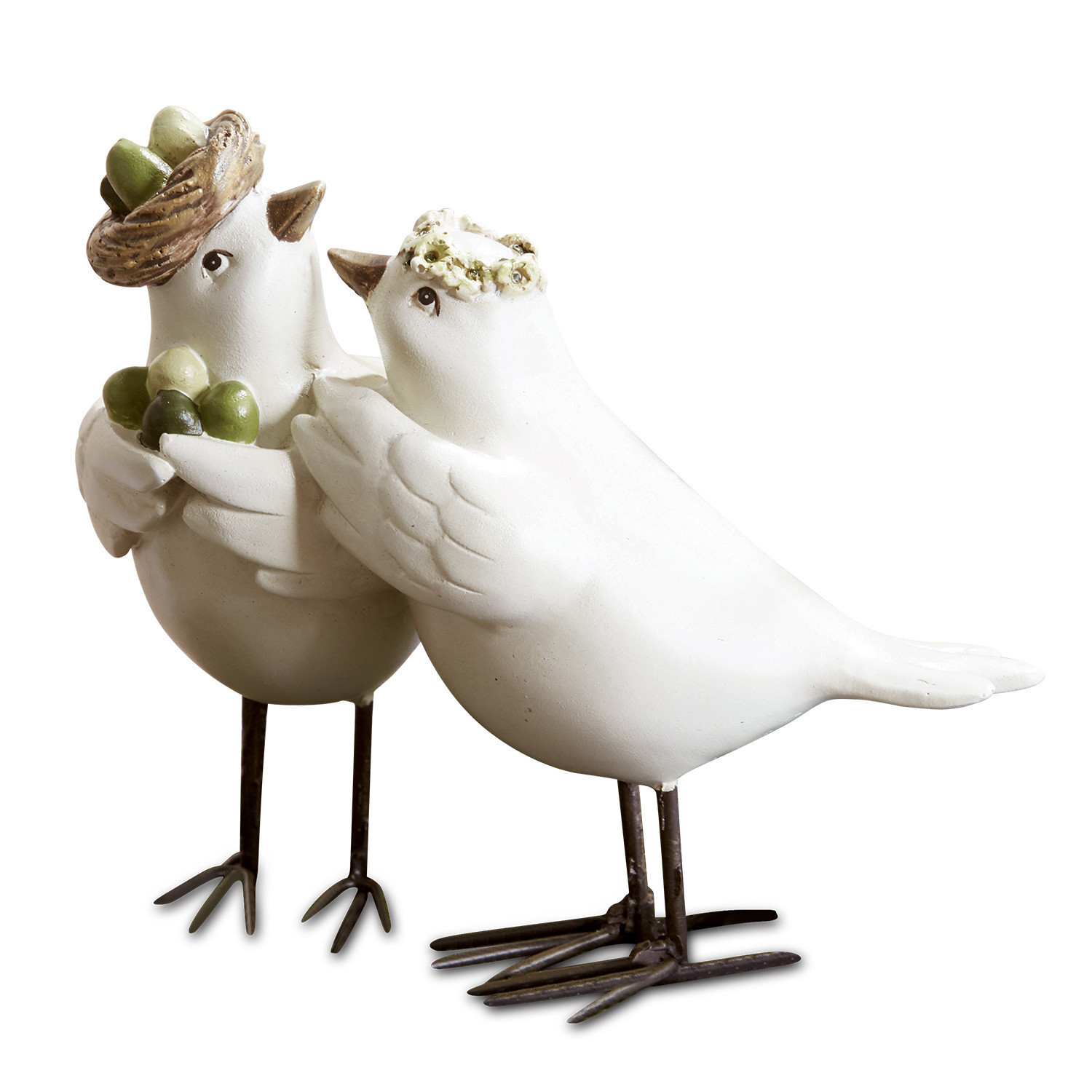 Couple d'oiseaux Orne Oiseaux décoratifs blancs en métal et céramique avec accents verts, décoration intérieure et extérieure