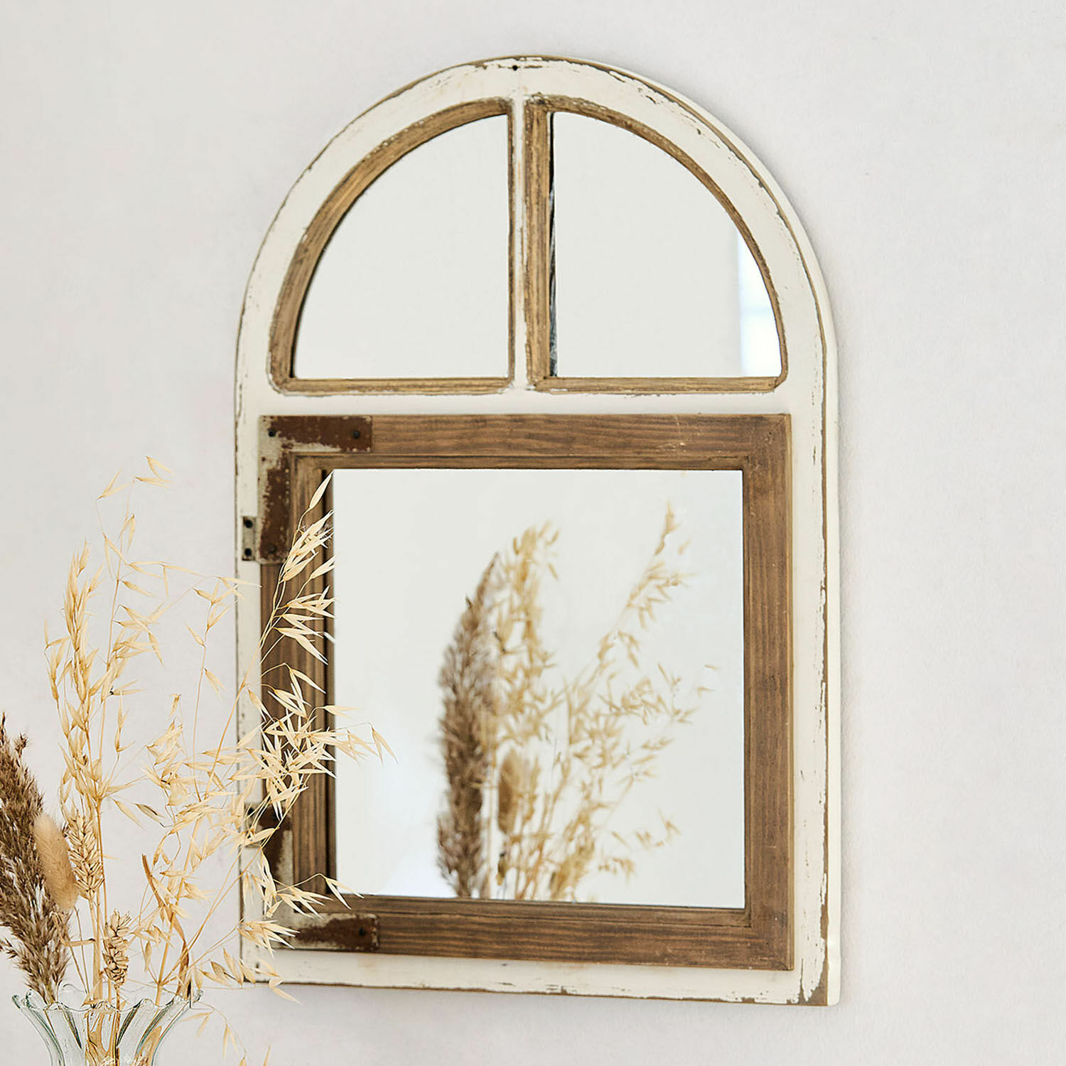 Miroir Zilvento Miroir mural rustique en bois blanc et marron, décoration intérieure vintage avec reflet de plantes séchées