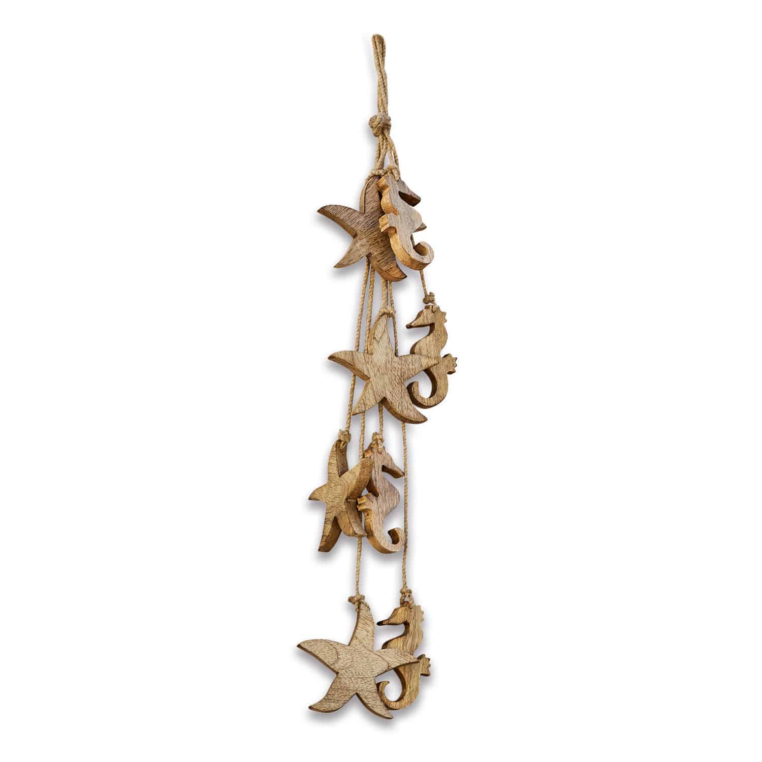 Guirlande Yasin Décoration suspendue en bois avec étoiles de mer et hippocampes, couleur naturelle, style marin