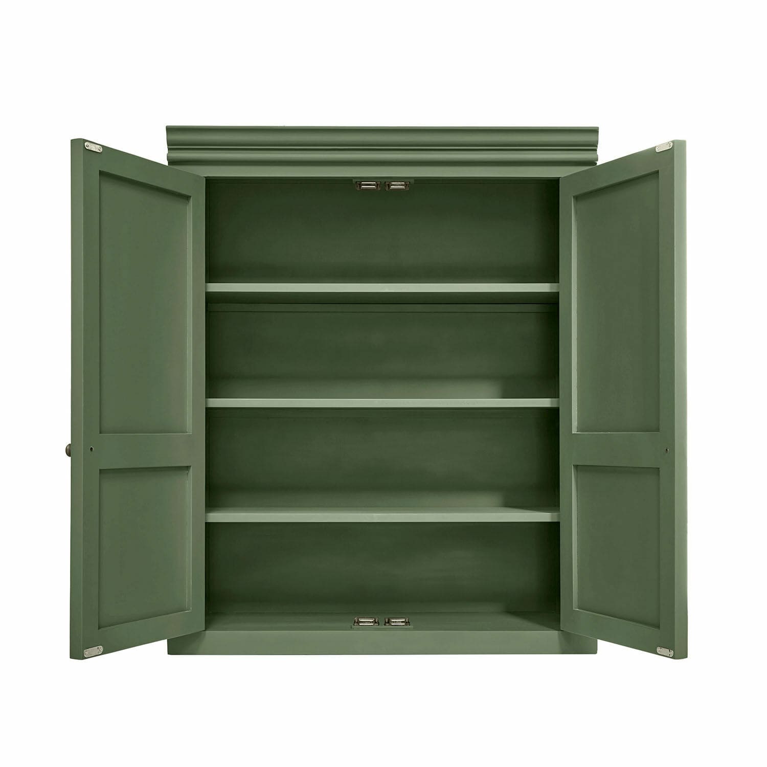 Meuble haut de cuisine Lansbury Armoire verte en bois avec trois étagères et portes ouvertes pour rangement