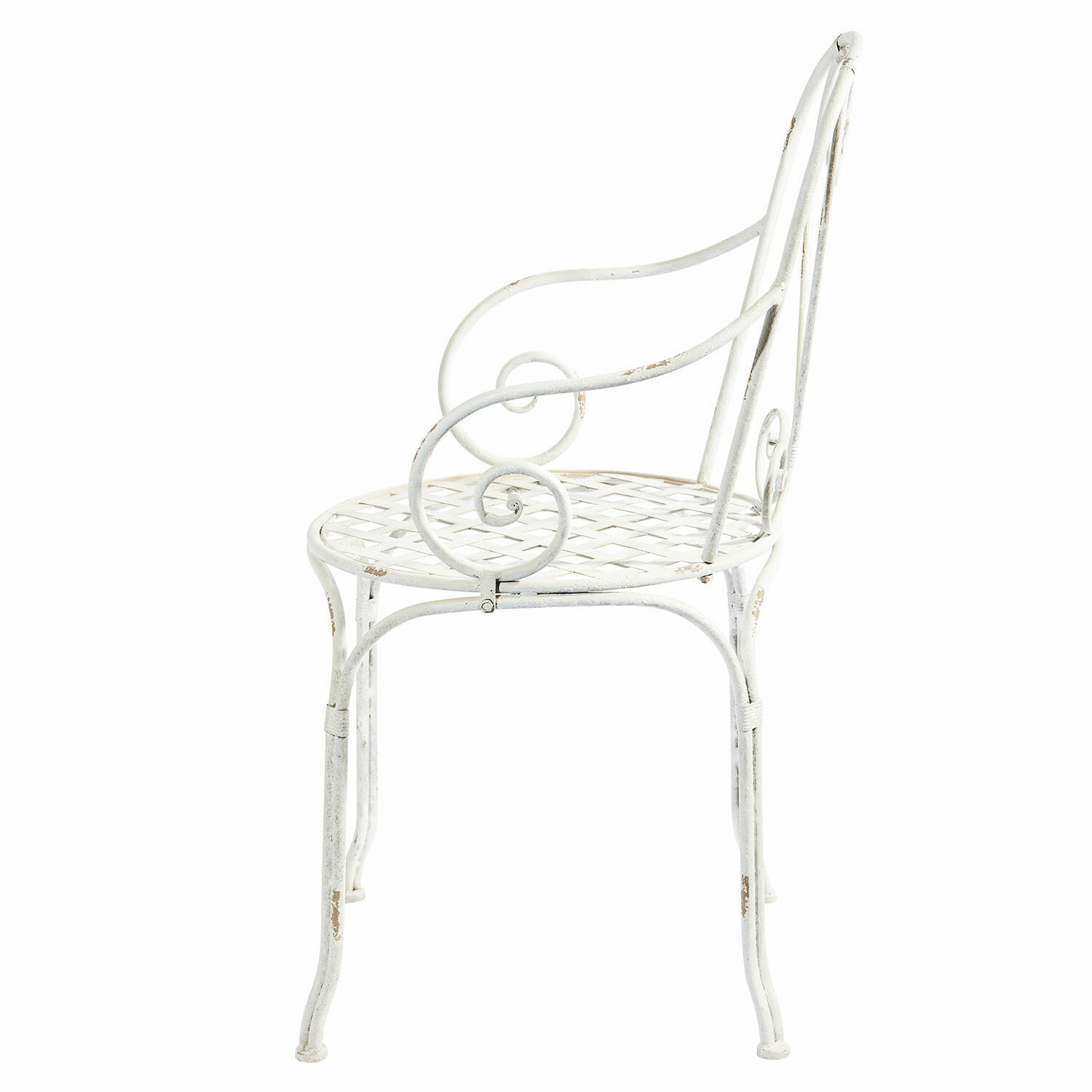 blanc vieilli Chaise Aube en métal blanc antique avec accoudoirs courbés et assise ajourée décorative
