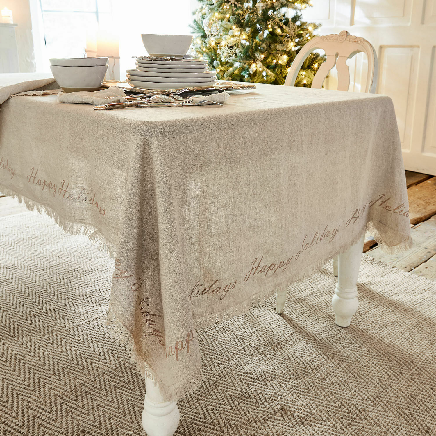 Nappe Emilia Nappe en lin beige naturel avec inscription Happy Holidays, décoration de table festive