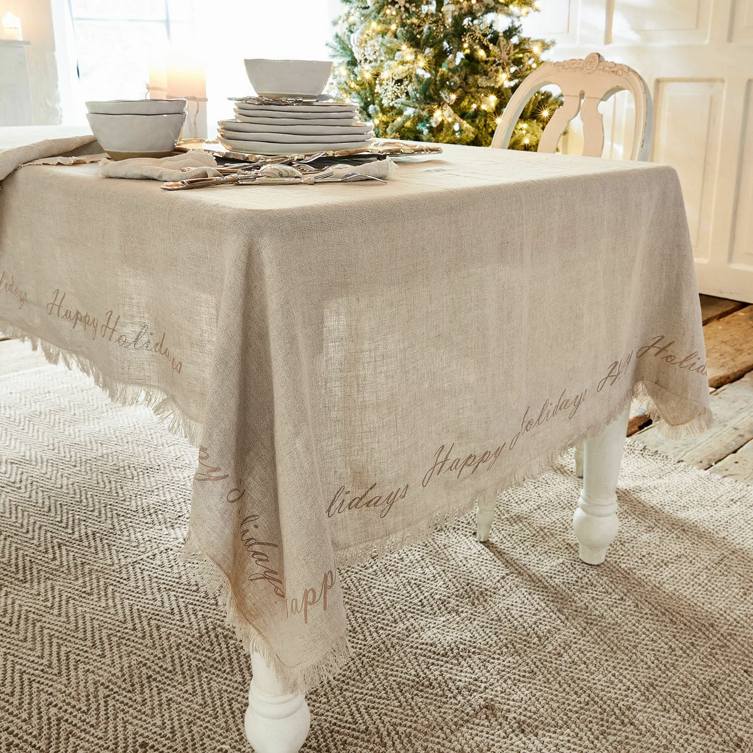 Nappe Emilia Nappe en lin beige naturel avec inscription Happy Holidays, décoration de table festive