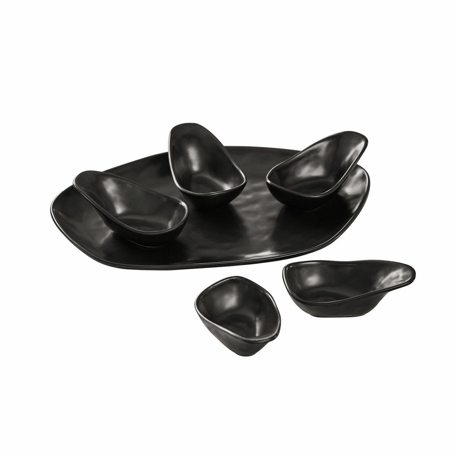 noir Ensemble de 6 coupelles noires en céramique Biarritz sur un grand plat pour apéritifs