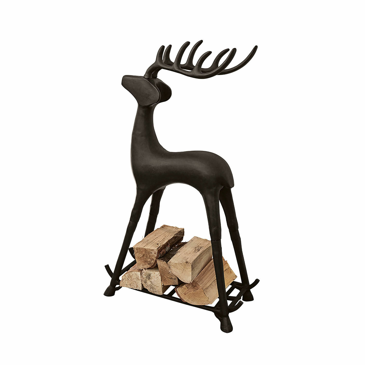 Porte-bûches Cuerno Porte-bûches en fonte noire en forme de cerf, rangement pratique pour bois de cheminée