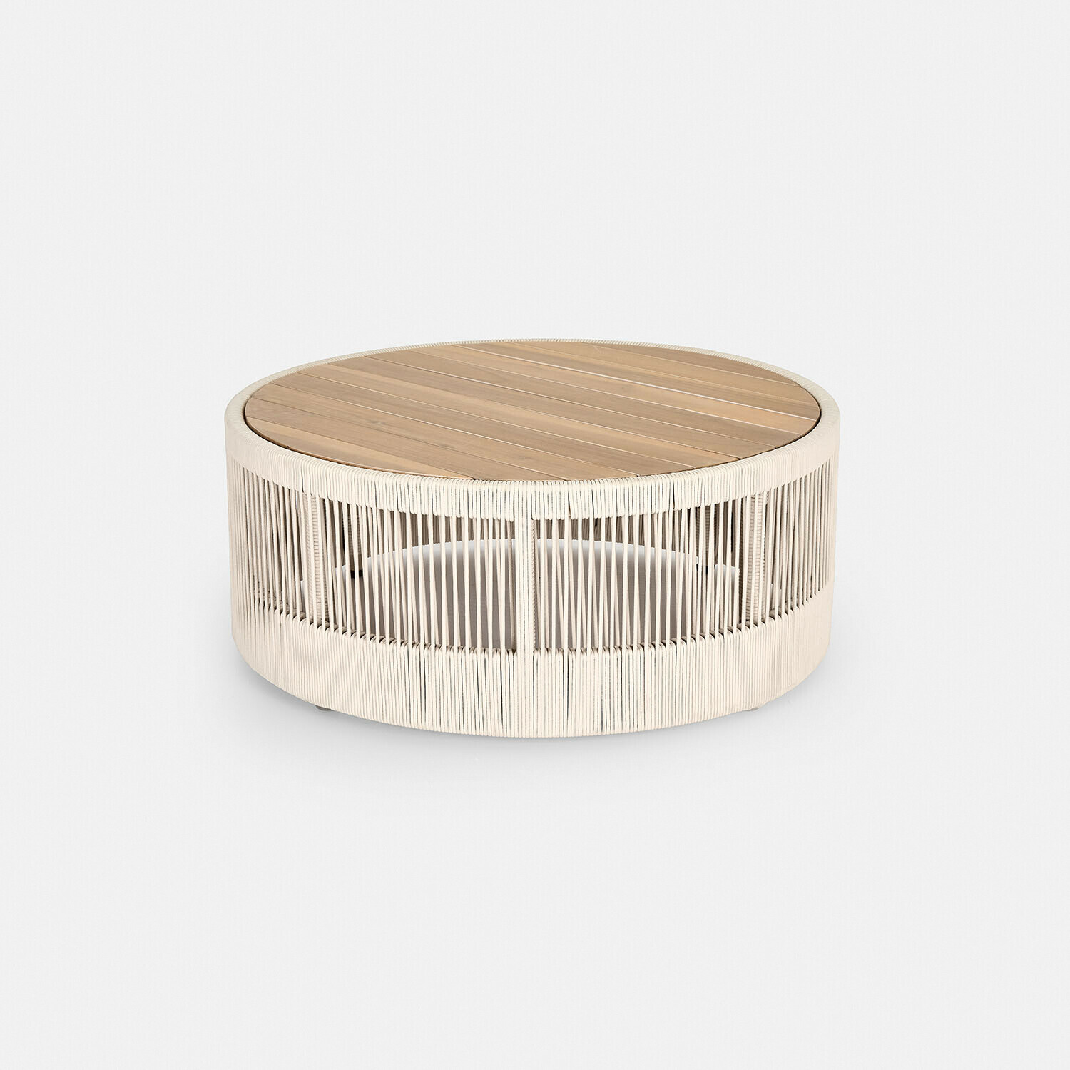 Table basse Delor Table basse ronde avec plateau en bois et structure tressée blanche en matériau synthétique