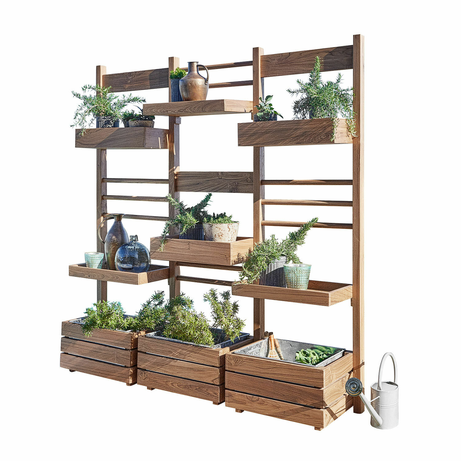 Étagère à plantes Lutry Jardinière en bois avec étagères et plantes vertes, décoration d'extérieur élégante