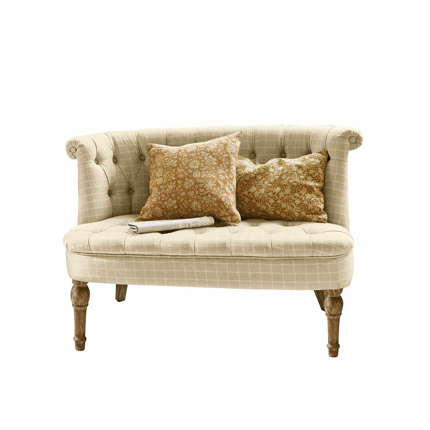 Canapé Weralin Canapé beige rembourré avec pieds en bois et deux coussins décoratifs à motif floral