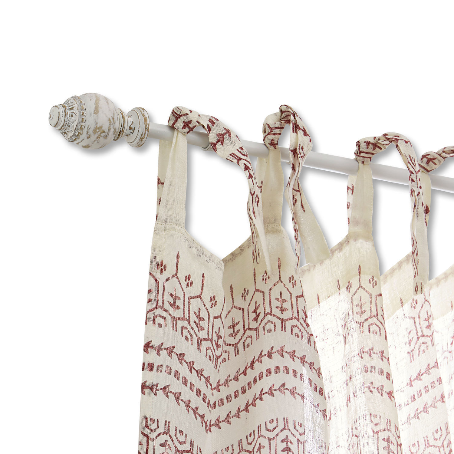 Tringle à rideaux Trangé Rideau en coton crème avec motif bordeaux suspendu sur une tringle blanche à embout décoratif