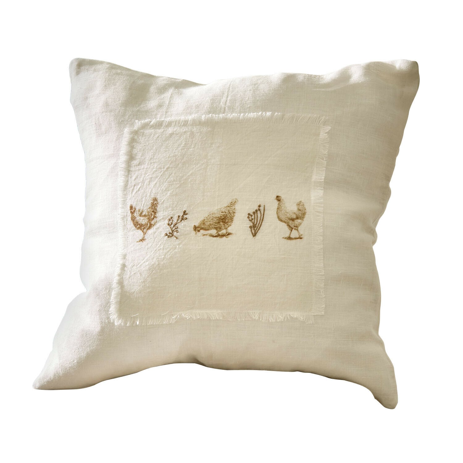 Housse de coussin Chavéreau Coussin en lin beige avec motifs de poules et plantes, housse décorative pour salon ou chambre