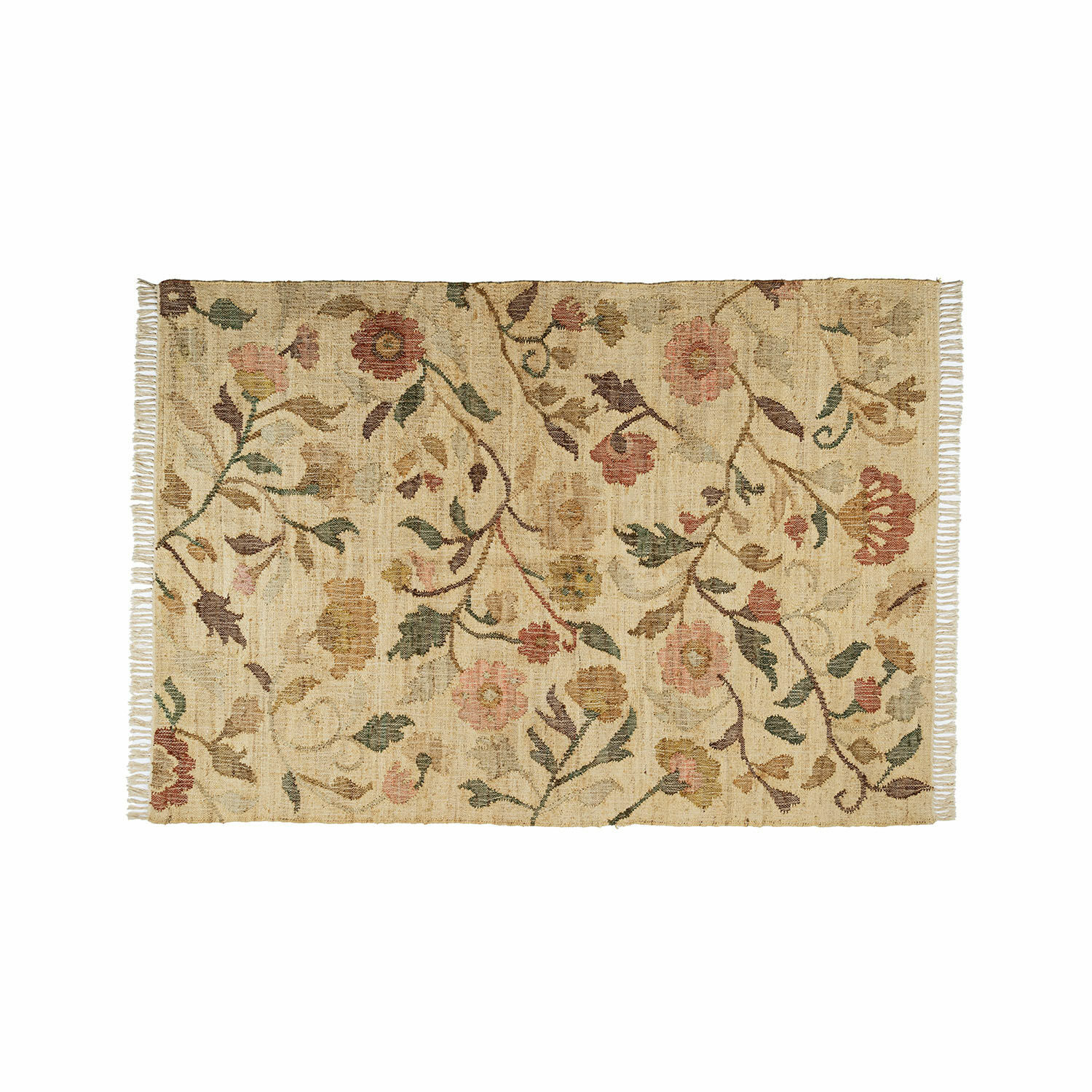 Tapis en matériau naturel beige avec motif floral et franges sur les côtés pour décoration intérieure