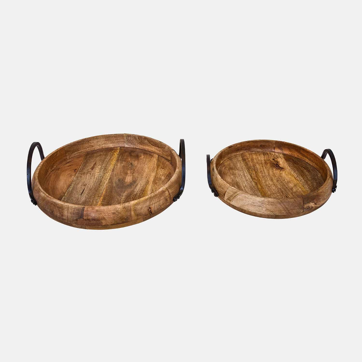 Lot de 2 plateaux Arémont Ensemble de deux plateaux ronds en bois de manguier avec poignées en métal, couleur naturelle, pour décoration et service