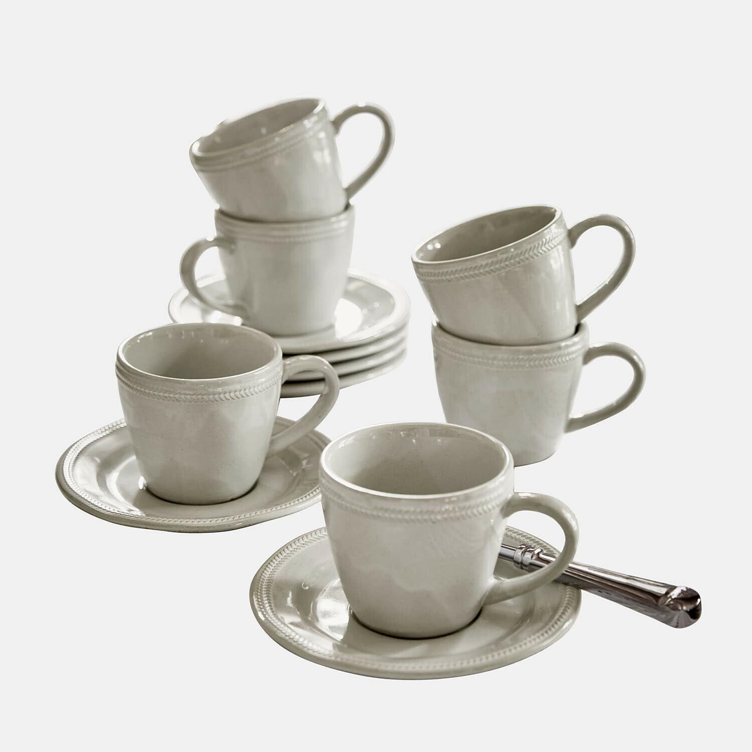 Lot de 6 tasses et soucoupes Norrvik Ensemble de six tasses à café en céramique crème avec soucoupes et cuillère