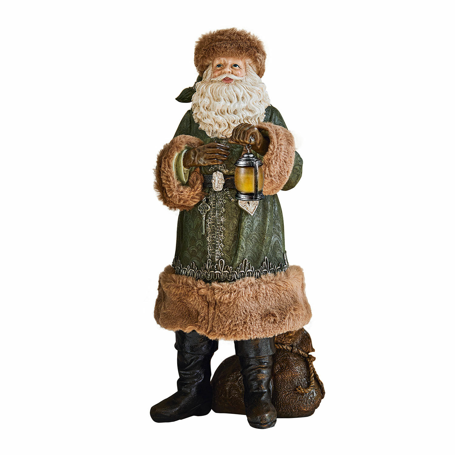Père Noël décoratif Eddi Figurine de Père Noël en manteau vert à bordure en fourrure tenant une lanterne, décoration de Noël