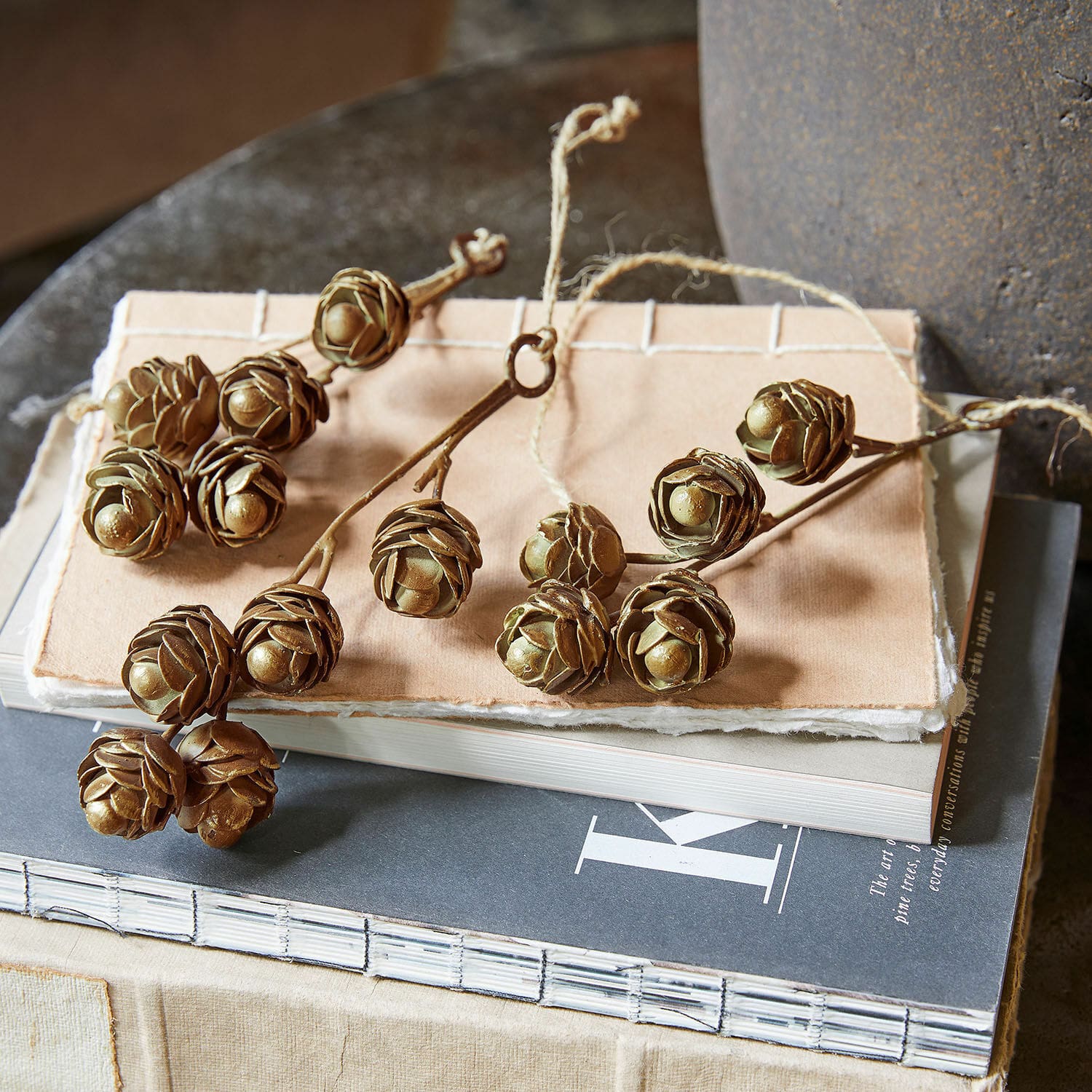 Lot de 3 décorations à suspendre Lazimra Branches décoratives avec pommes de pin brunes posées sur une pile de livres, décoration naturelle
