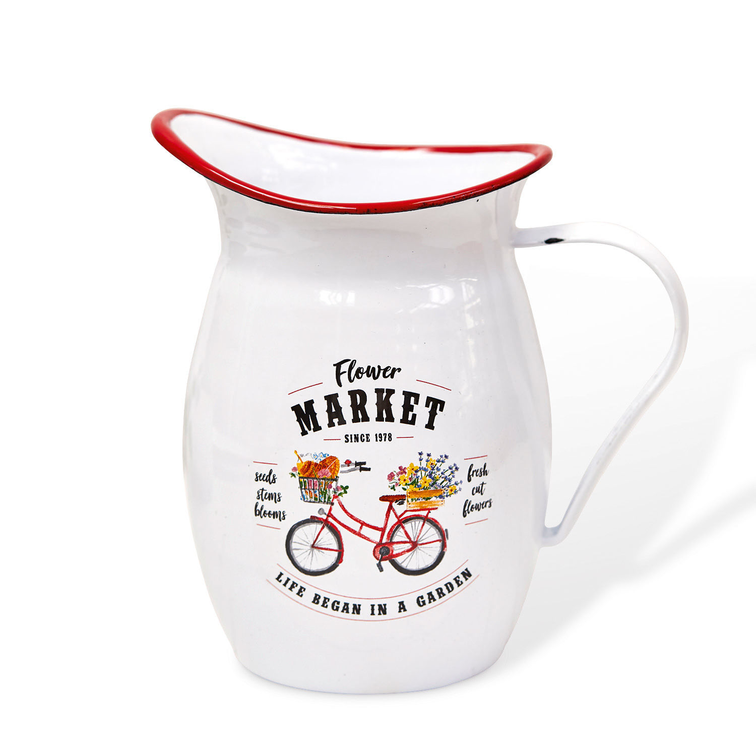Pichet Flower Market Pichet émaillé blanc avec bord rouge et illustration de vélo fleuri, décoration jardin vintage