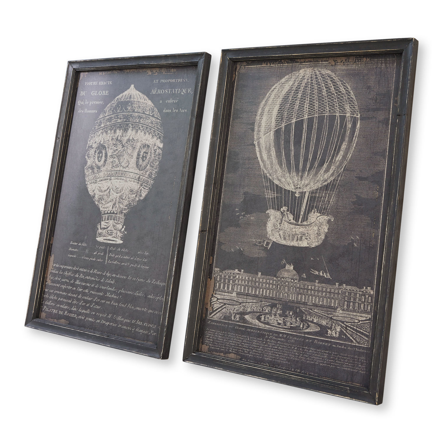 Lot de 2 tableaux Ortarsis Ensemble de deux tableaux noirs avec dessins blancs de montgolfières vintage pour décoration murale