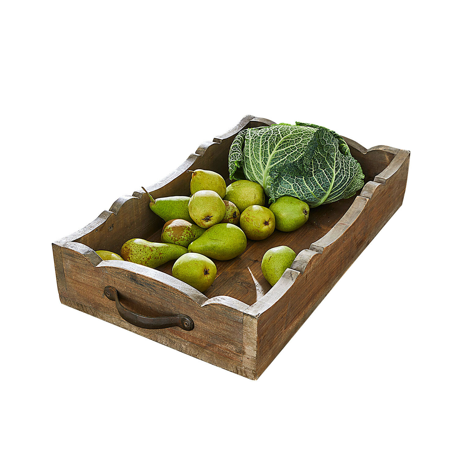 Plateau Tjorna Plateau en bois avec poignées, rempli de poires vertes et feuilles de chou, style rustique