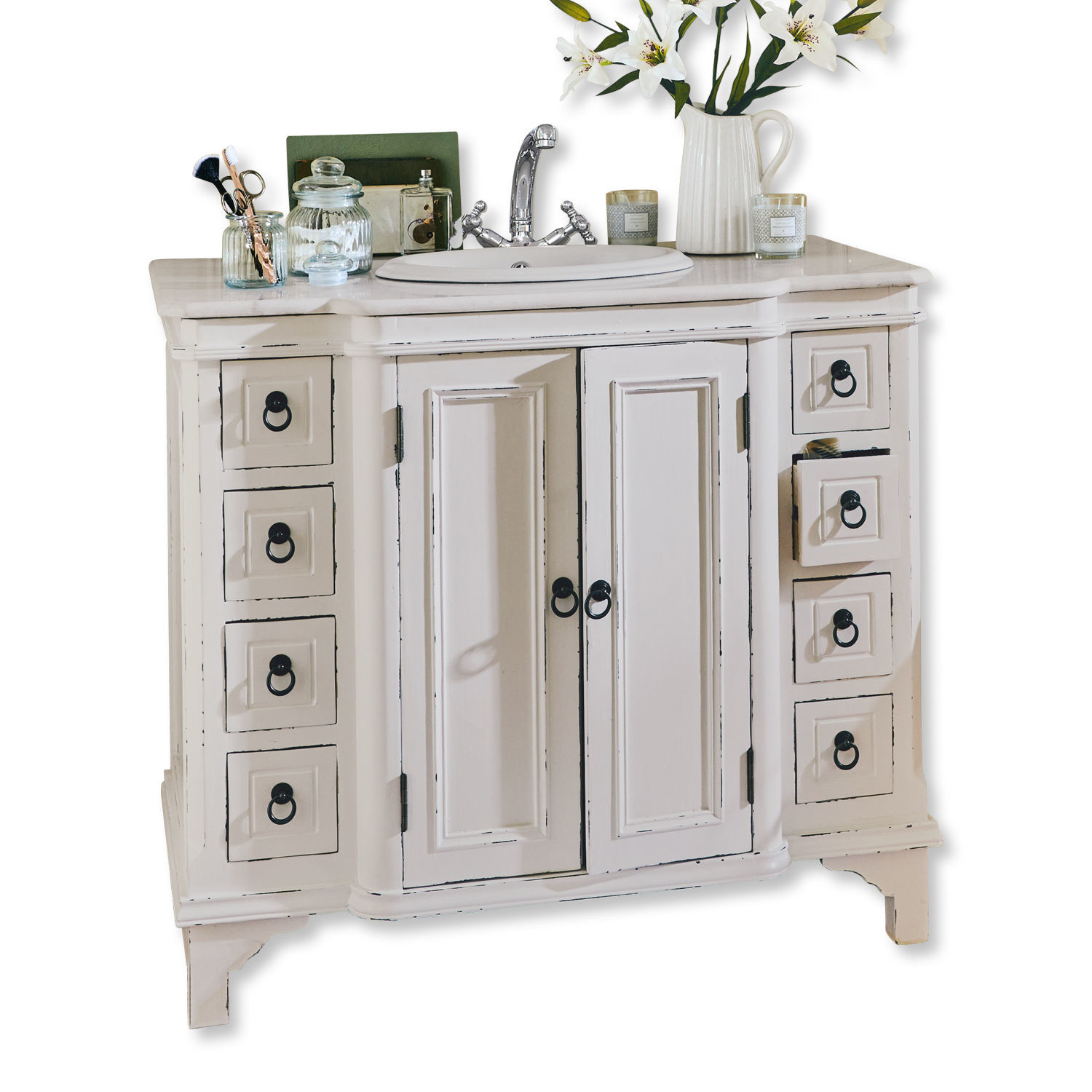 blanc vieilli Meuble vasque Sunderland en bois blanc antique avec lavabo et tiroirs multiples pour salle de bain