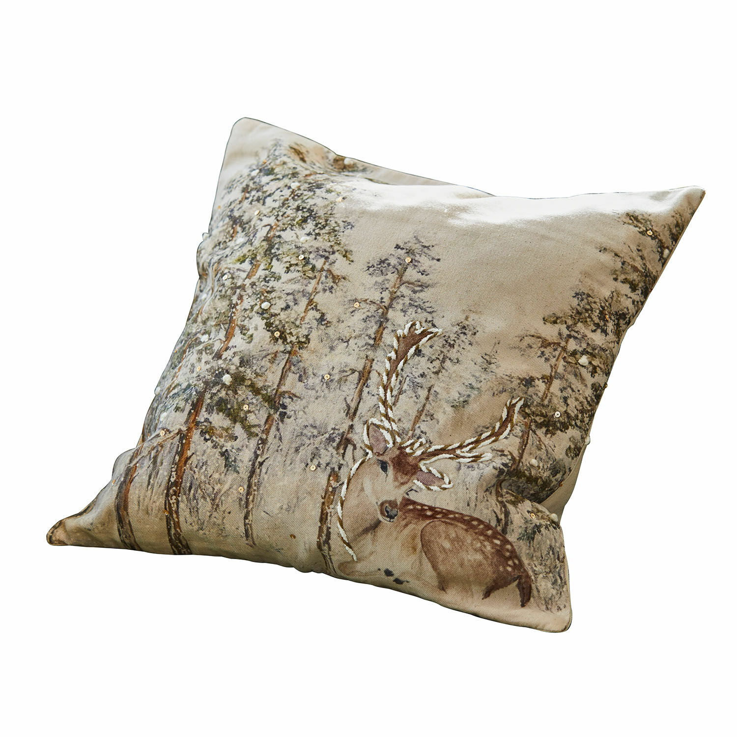 Housse de coussin Valoisin Coussin décoratif beige en coton avec motif cerf et arbres, idéal pour salon cosy