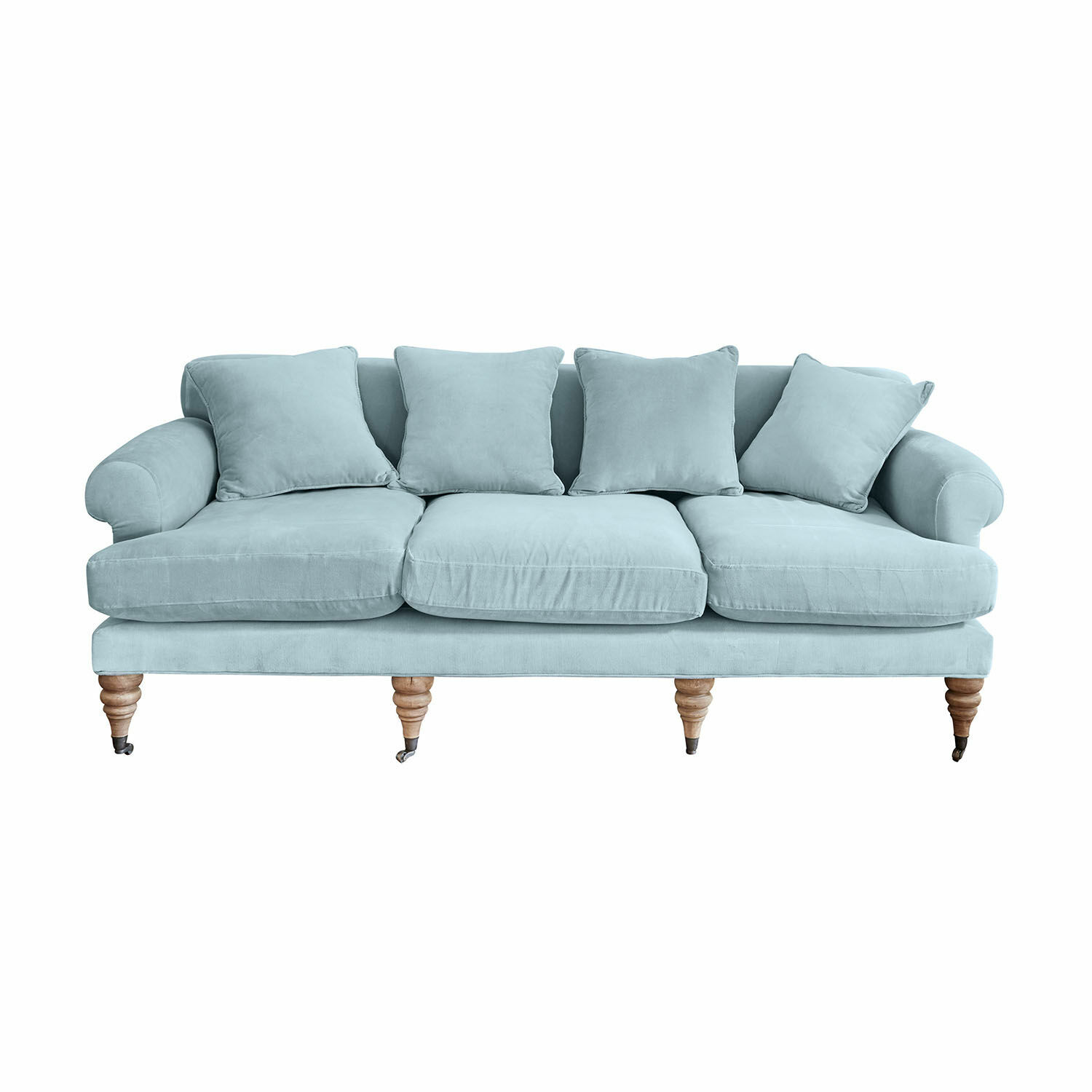 bleu Canapé Kazimir bleu en tissu doux avec coussins et pieds en bois, confortable pour le salon