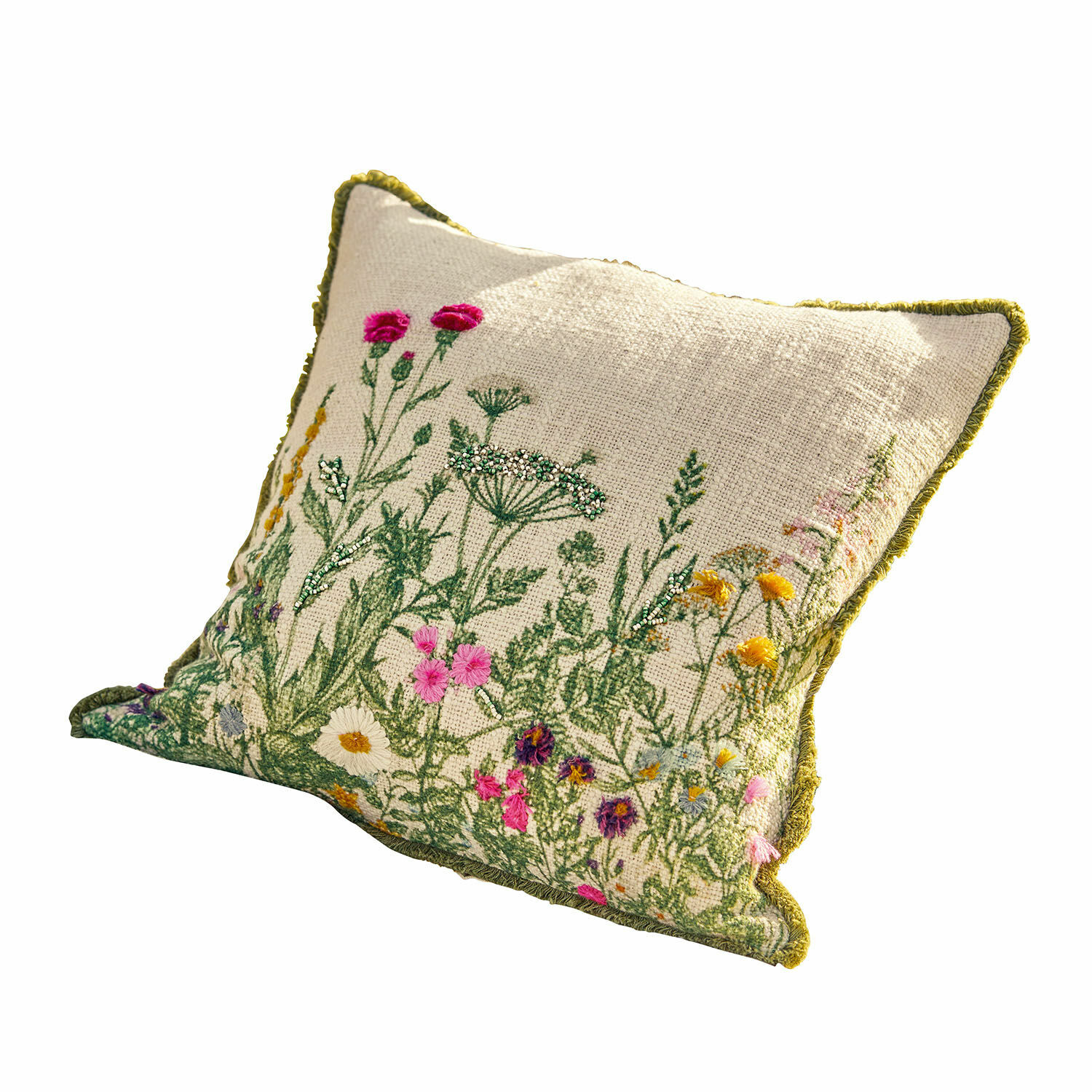 Housse de coussin Aranno Coussin beige en tissu avec broderie de fleurs sauvages et bordure verte, décoration intérieure