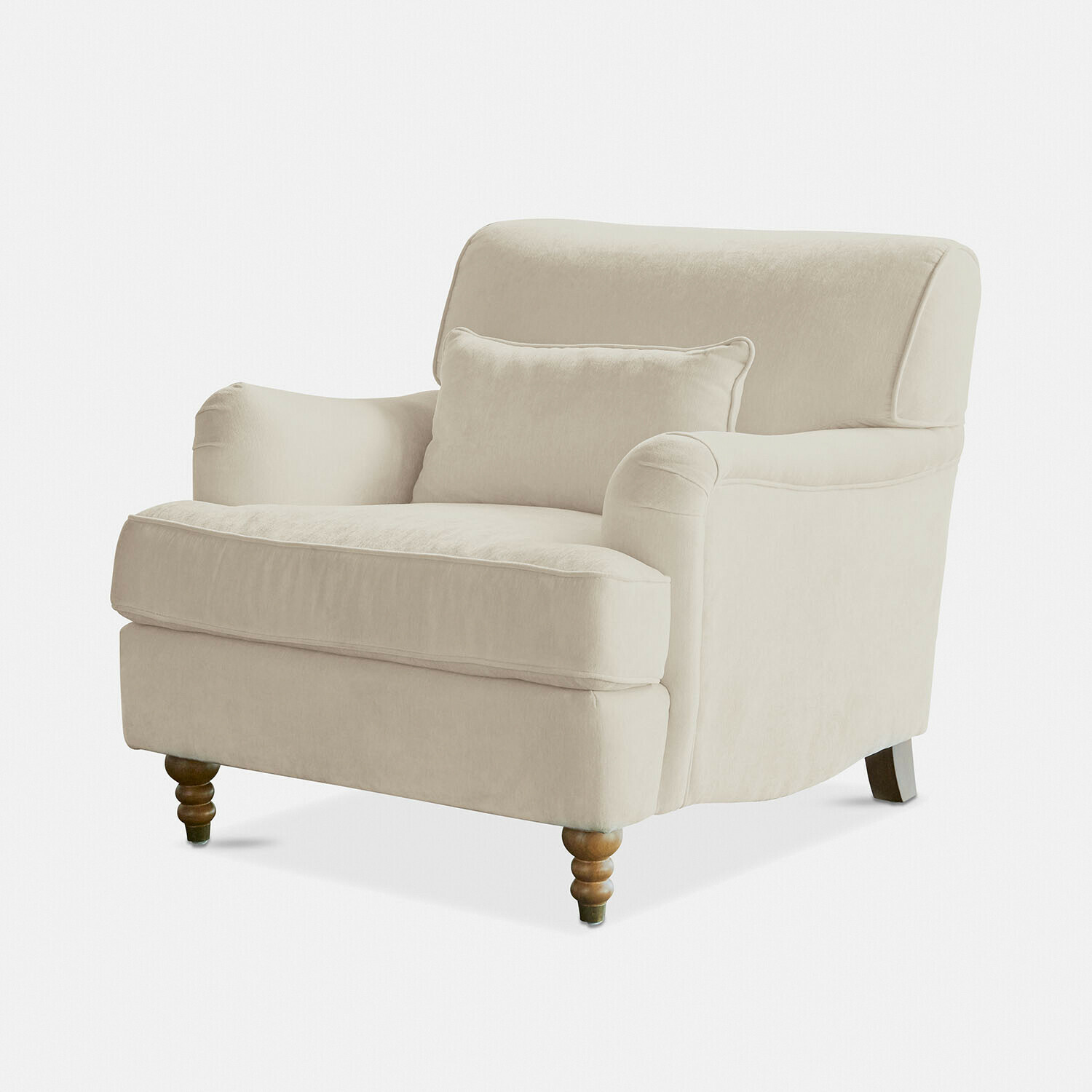 Fauteuil Isa Fauteuil beige en tissu doux avec pieds en bois, idéal pour un salon confortable