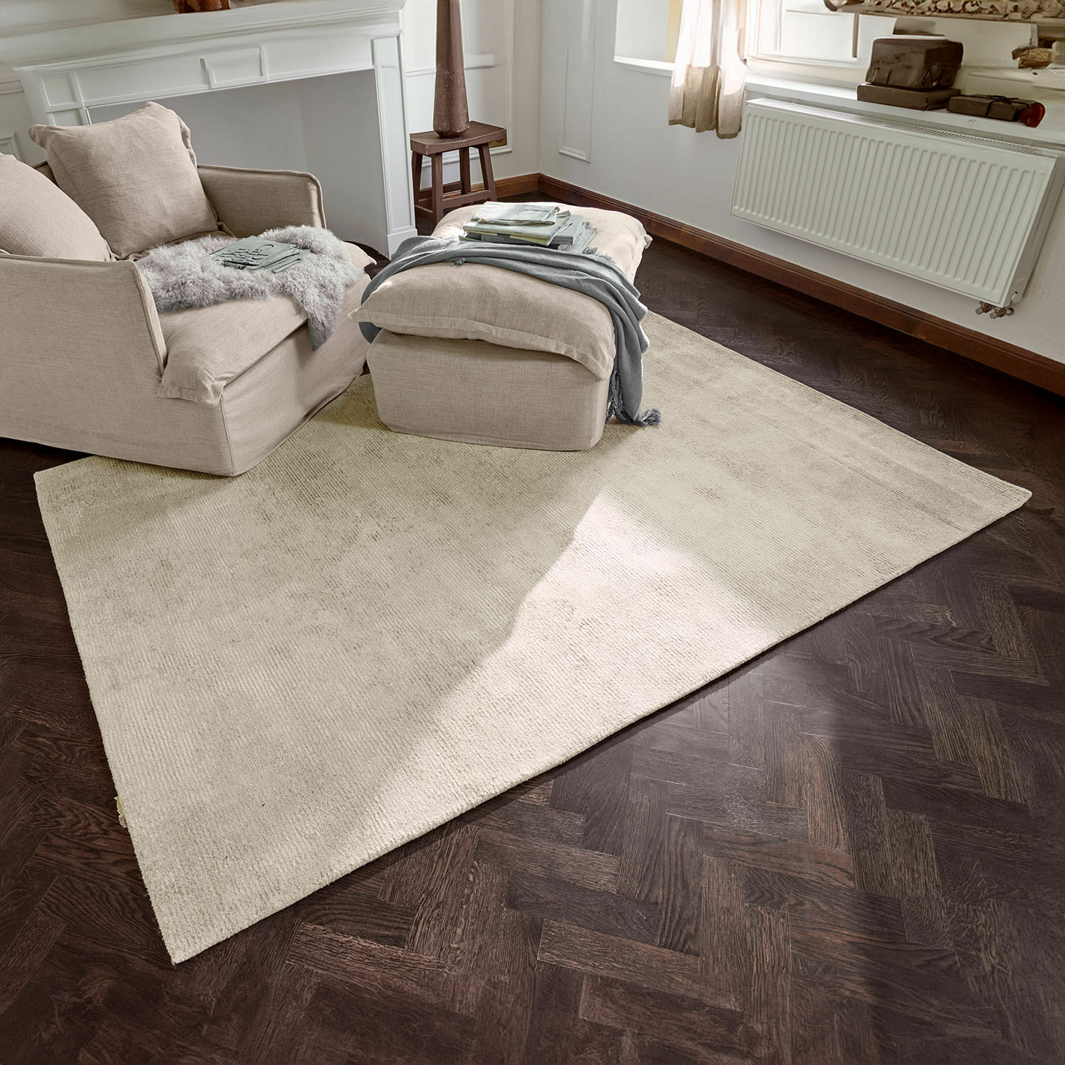 Tapis Zaniyah Tapis beige en tissu doux sur parquet foncé dans un salon confortable et lumineux