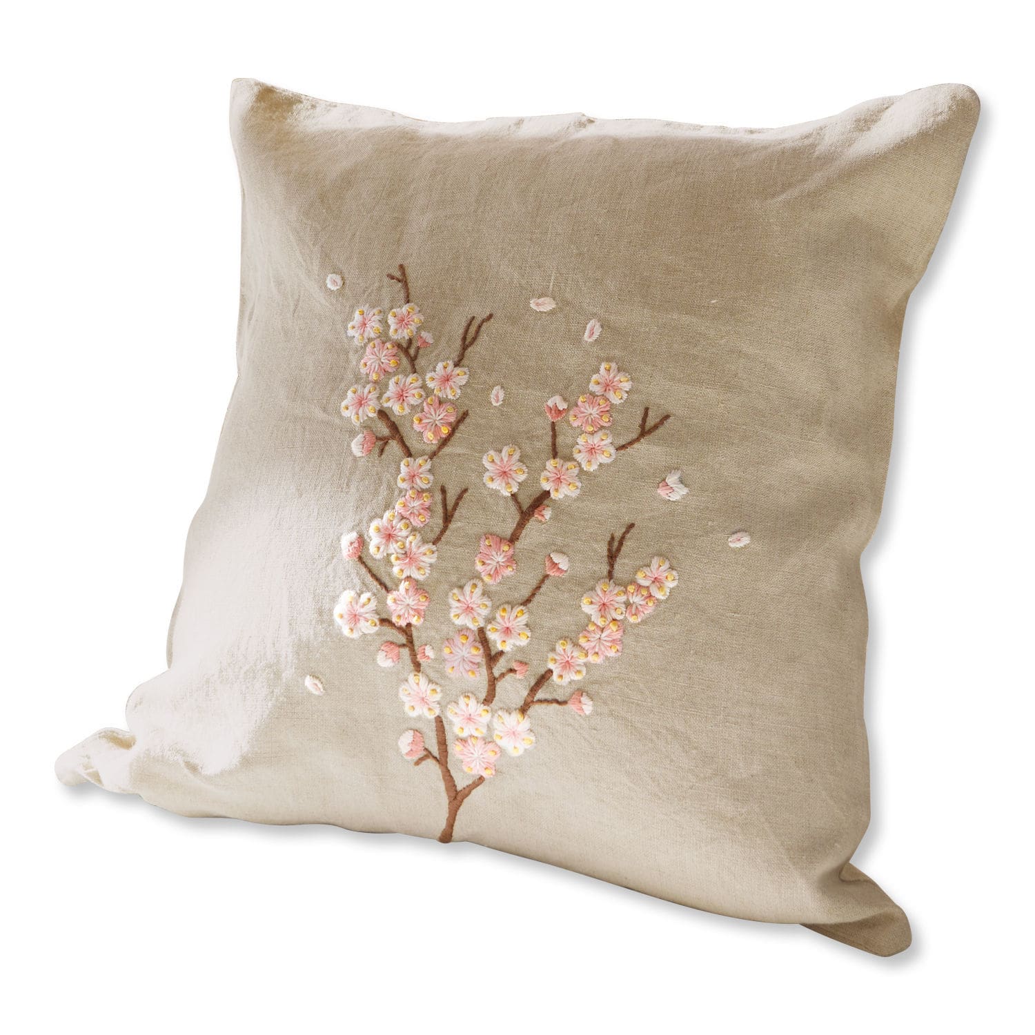 Housse de coussin Carrol Coussin beige en lin avec broderie florale rose, décoration élégante pour salon