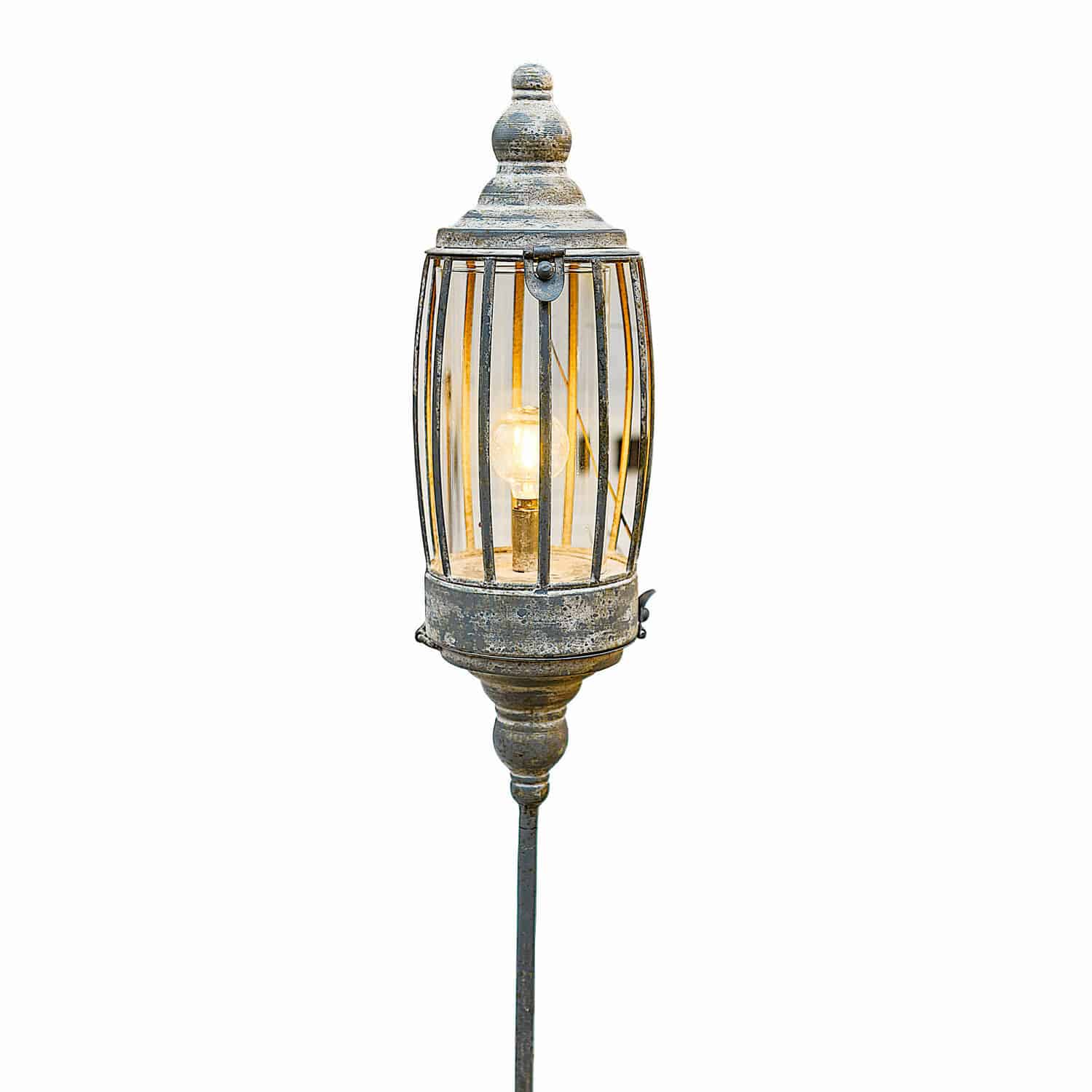 Lanterne LED rechargeable Lagia Lanterne de jardin en métal vieilli argenté avec ampoule visible et cage en barreaux décoratifs