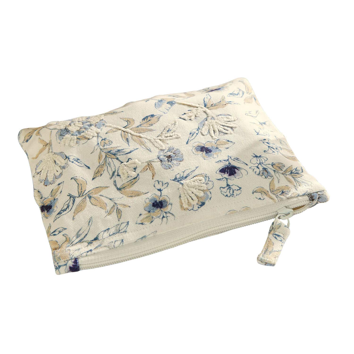 Pochette Hazelwick Trousse en coton beige avec motif floral bleu et marron, fermeture éclair pratique pour cosmétiques