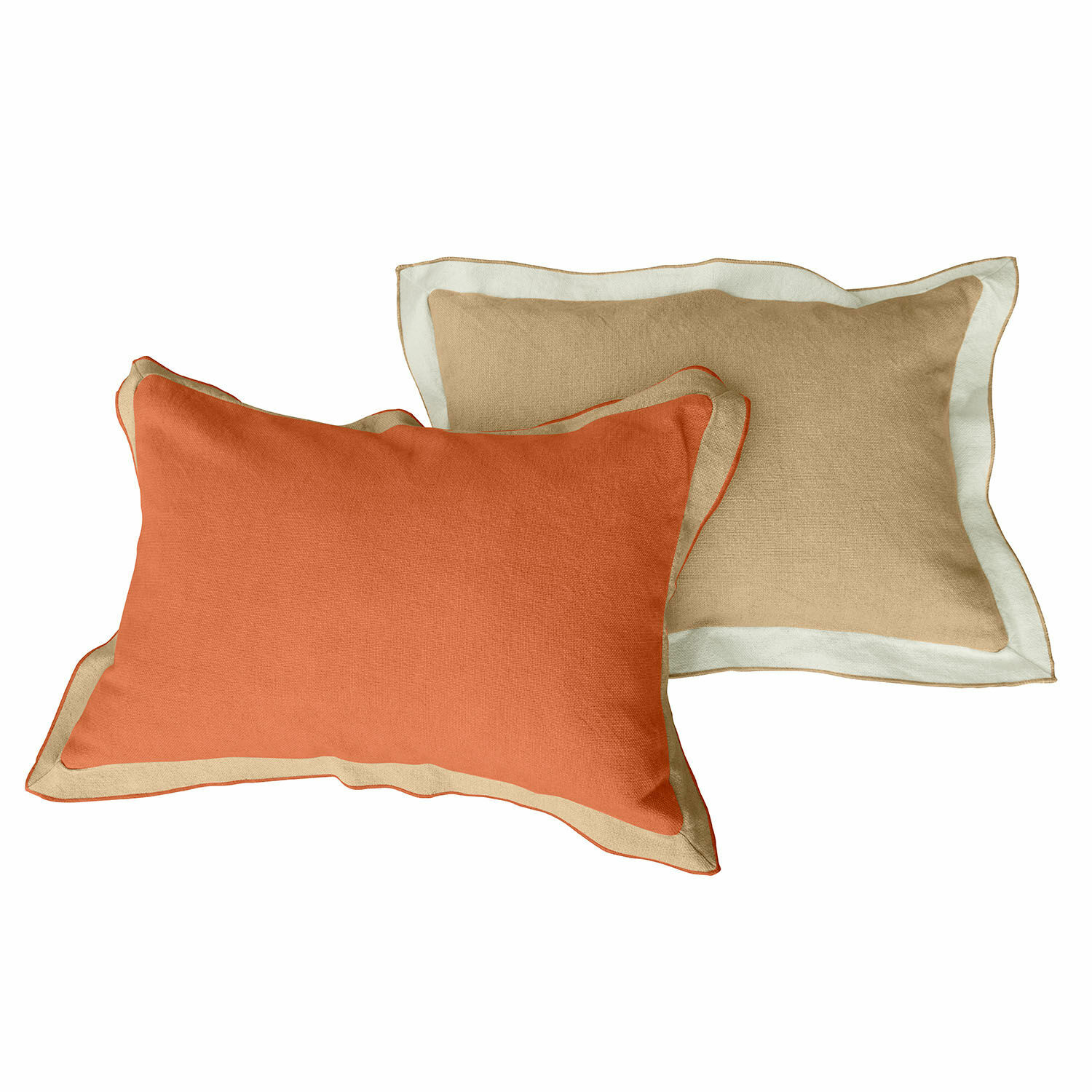 Lot de 2 housses de coussins Florcelles Ensemble de deux coussins rectangulaires en coton beige et orange avec bordure contrastée