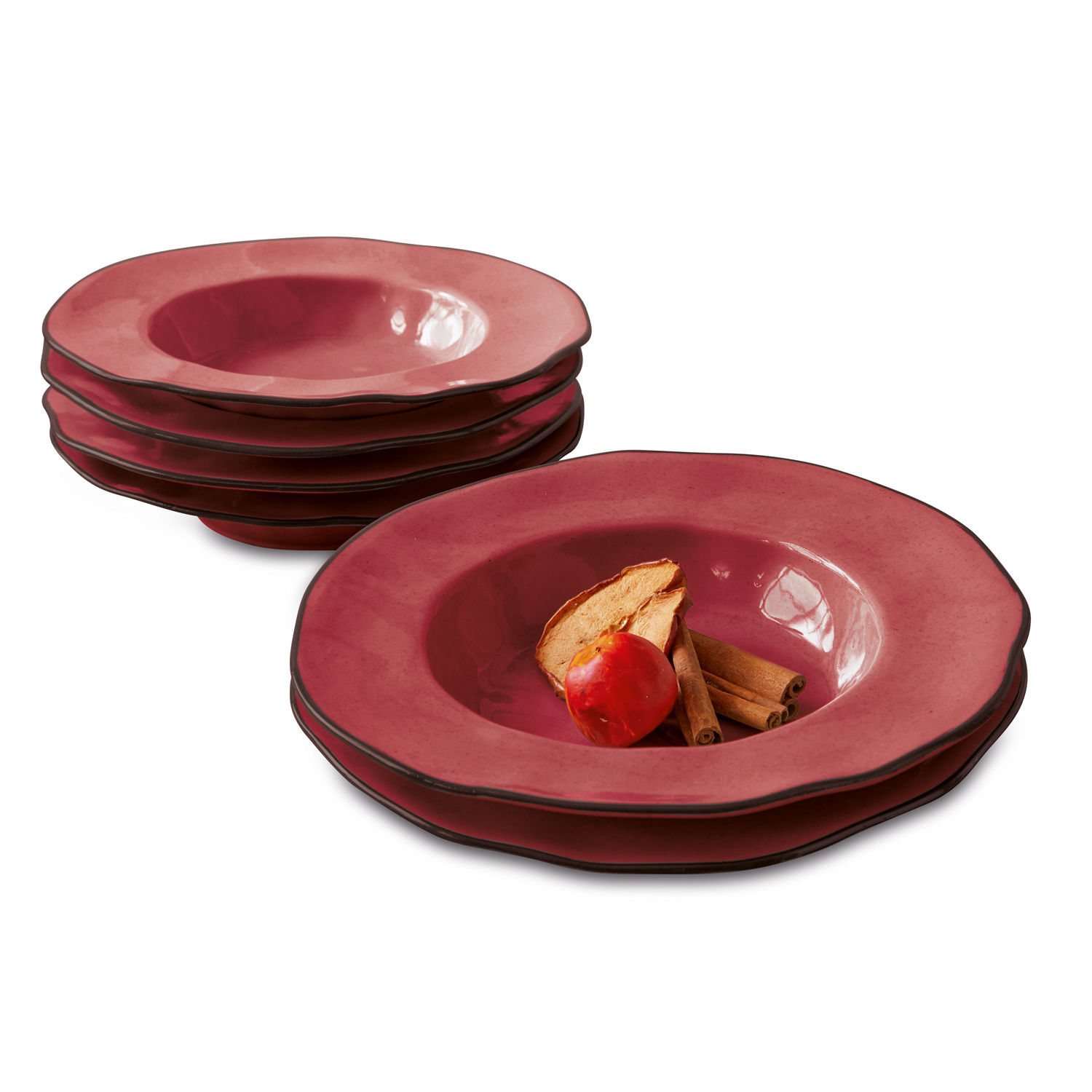 Lot de 6 assiettes creuses Biarré Ensemble d'assiettes creuses en céramique rouge avec bords décoratifs pour servir la soupe