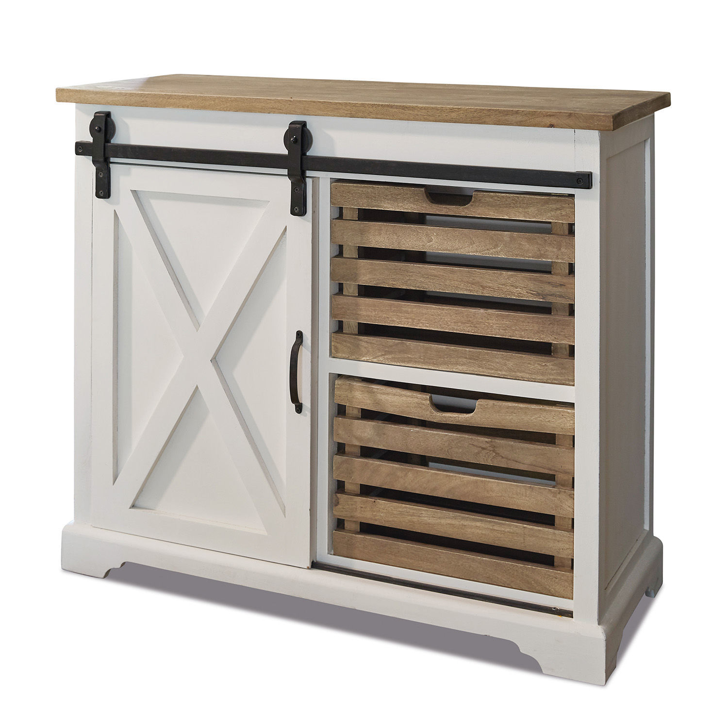 Commode Bastid Buffet en bois blanc avec plateau naturel et deux tiroirs en bois de manguier, meuble de rangement