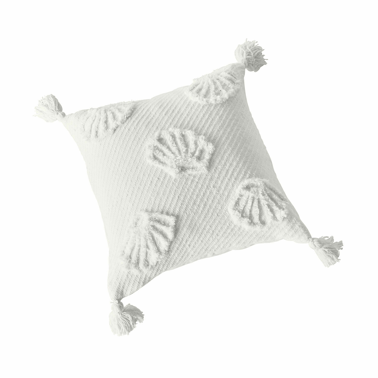 Housse de coussin Saroufa Coussin décoratif blanc en coton avec pompons et motif coquillage, textile d'intérieur élégant