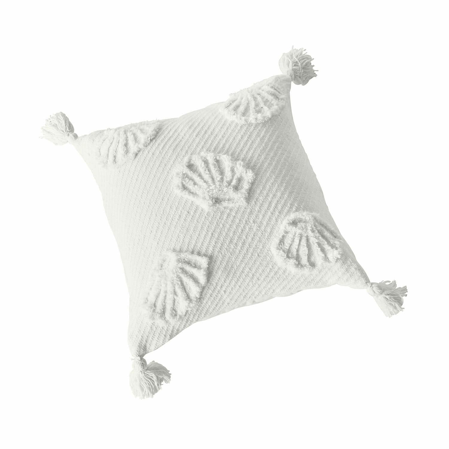 Housse de coussin Saroufa Coussin décoratif blanc en coton avec pompons et motif coquillage, textile d'intérieur élégant