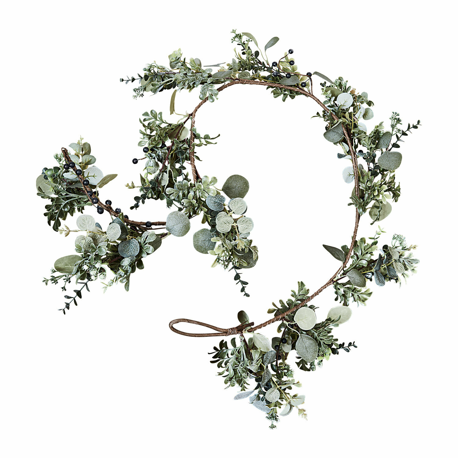 Guirlande Grand Couronne décorative en feuillage vert et baies noires sur branche marron pour décoration intérieure